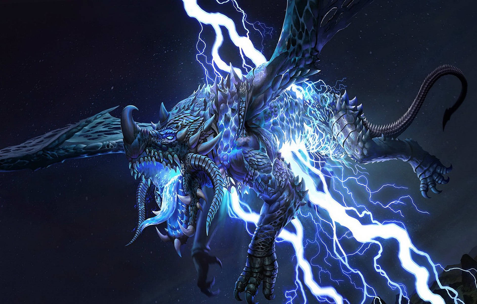 雷龍 桌布 壁紙 — 一條雄偉的藍色閃電龍在繁星點點的夜空中翱翔，劈啪作響的電能流經其身體。