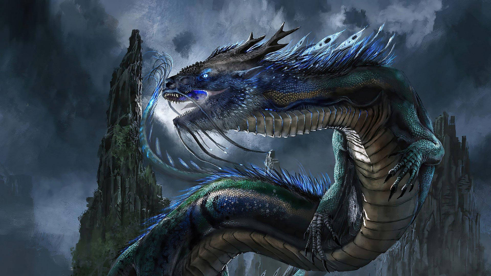水龍 桌布 壁紙 — 一條雄偉的藍色龍，眼睛發光，鬃毛尖刺，盤繞在鋸齒狀的懸崖上，天空風暴密佈。