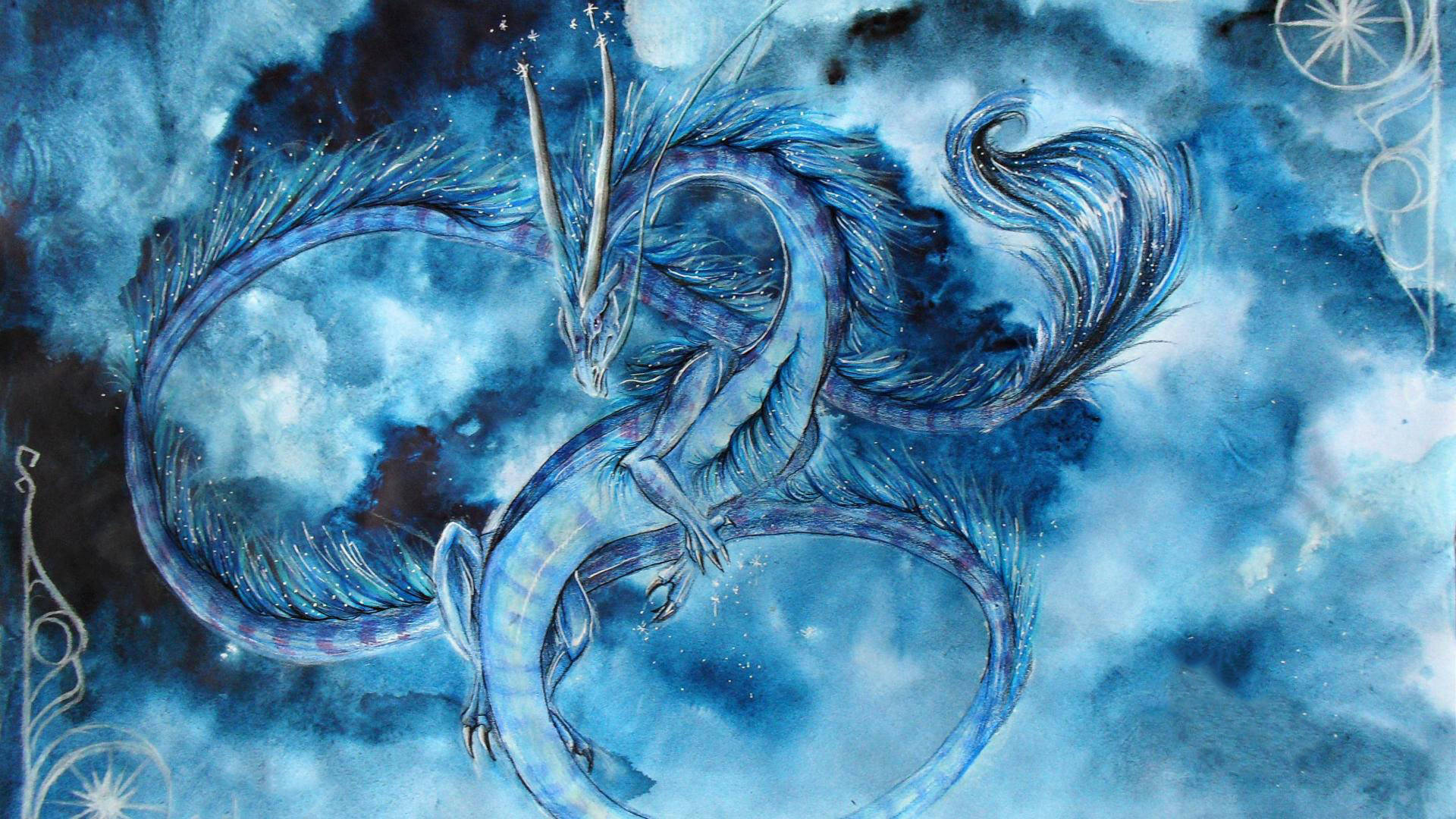 Ice Dragon 桌布 壁紙 — 一條雄偉的藍龍在星空下優雅地盤旋於旋轉的宇宙雲層中。