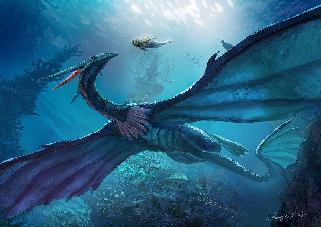 水龍 桌布 壁紙 — 一條雄偉的藍龍在陽光普照的海水中滑翔，而一條美人魚在附近沉沒的神殿旁游動。