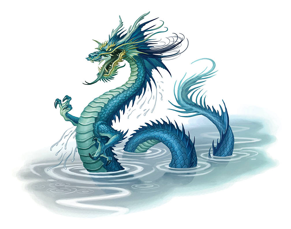 Water Dragon 桌布 壁紙 — 一條雄偉的藍龍從漣漪的水中升起，擁有飄逸的鬃毛和細緻的鱗片。