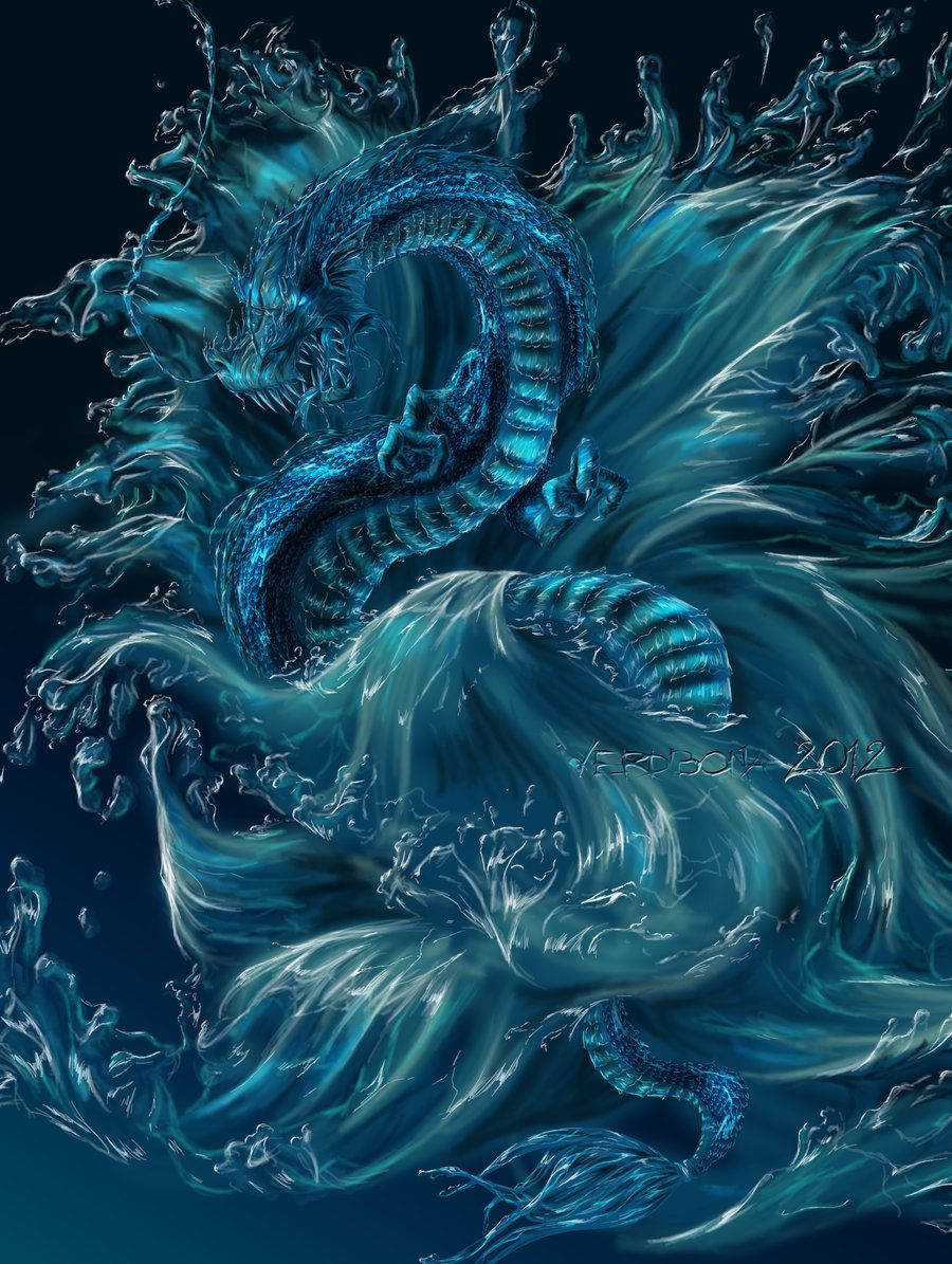 Water Dragon 桌布 壁紙 — 一條雄偉的藍龍從漩渦般的海浪中出現，呈現動態的數位藝術作品。