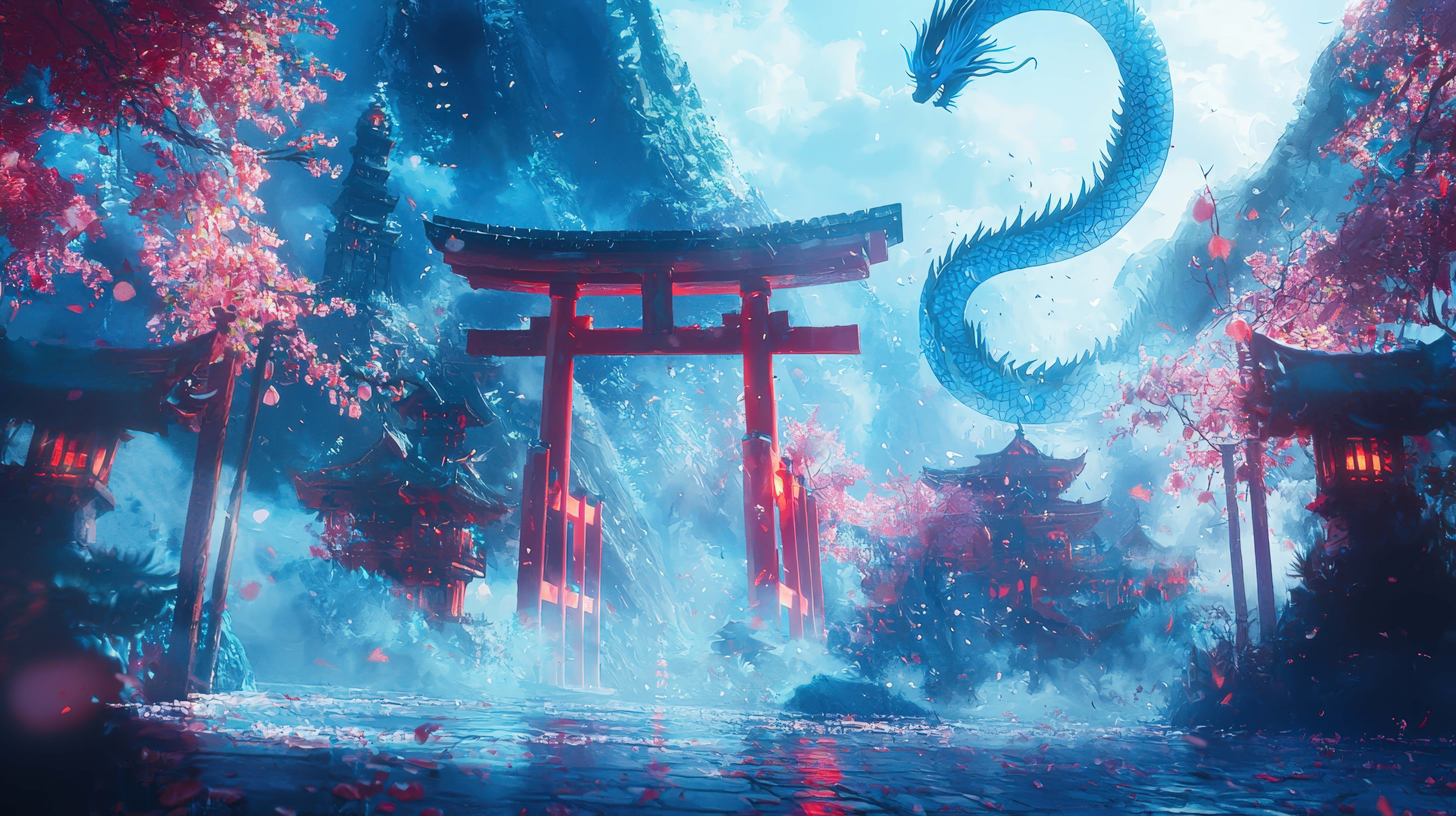 廟宇 桌布 壁紙 — 一條雄偉的藍龍盤旋在發光的紅色鳥居之上，周圍環繞著櫻花和霧氣繚繞的山巒。