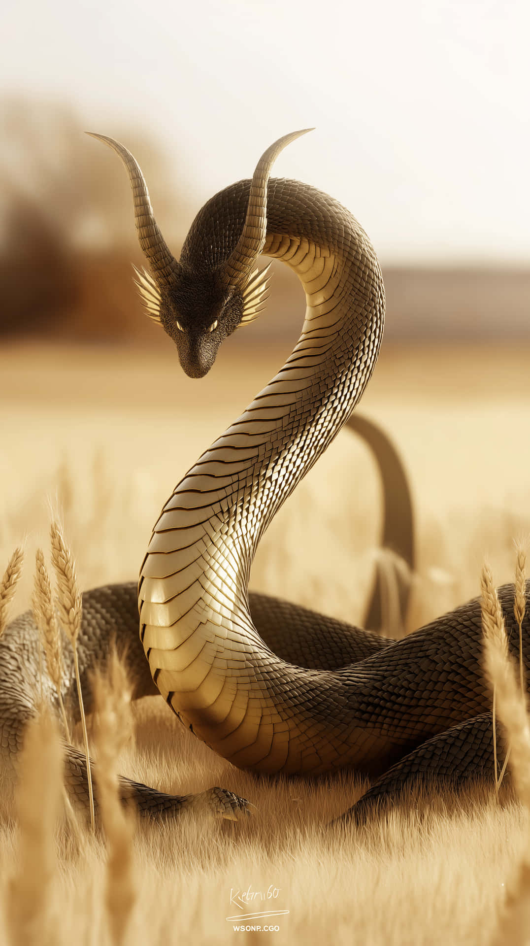 Serpent Dragon Creature in Field with Horns and Scales 壁紙 — 一條雄偉的角蛇，擁有金色鱗片，優雅地盤繞在陽光照耀的麥田裡。