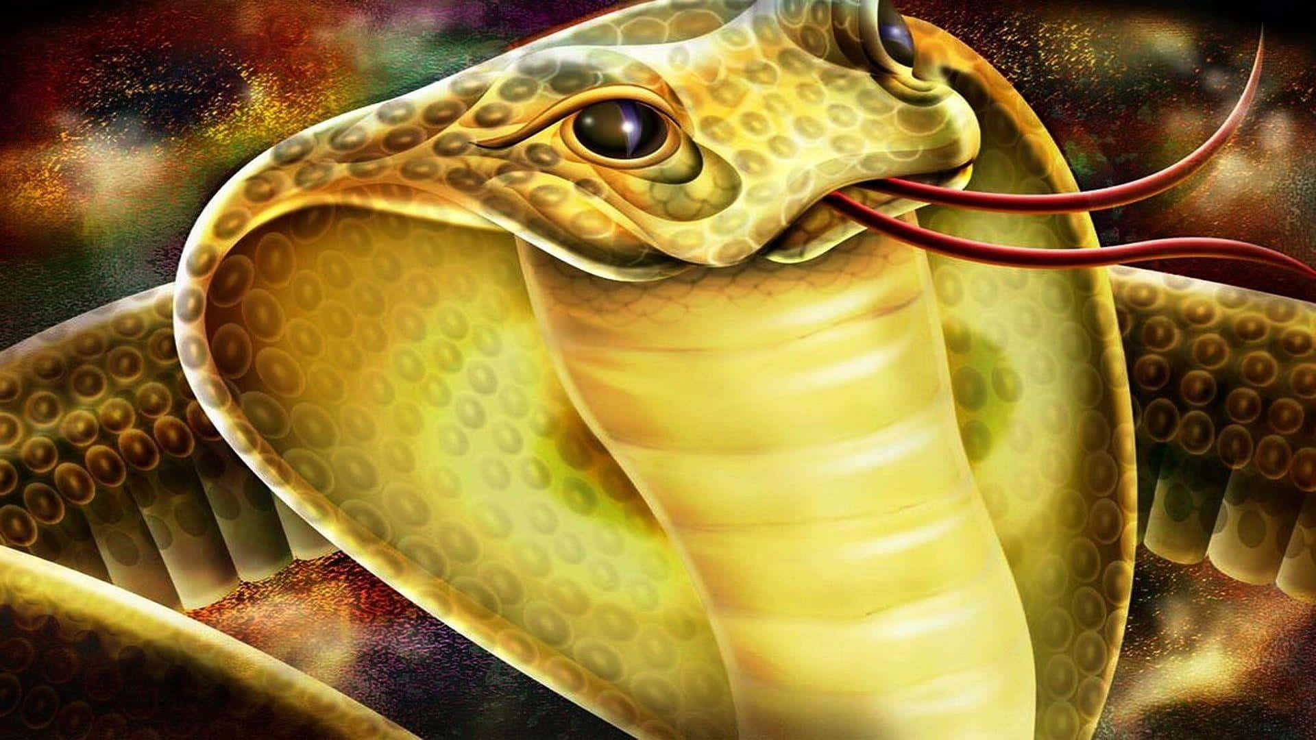 Cobra Snake 桌布 壁紙 — 一條雄偉的金色眼鏡蛇，張開的頭巾和發光的眼睛，主宰著宇宙星雲背景。
