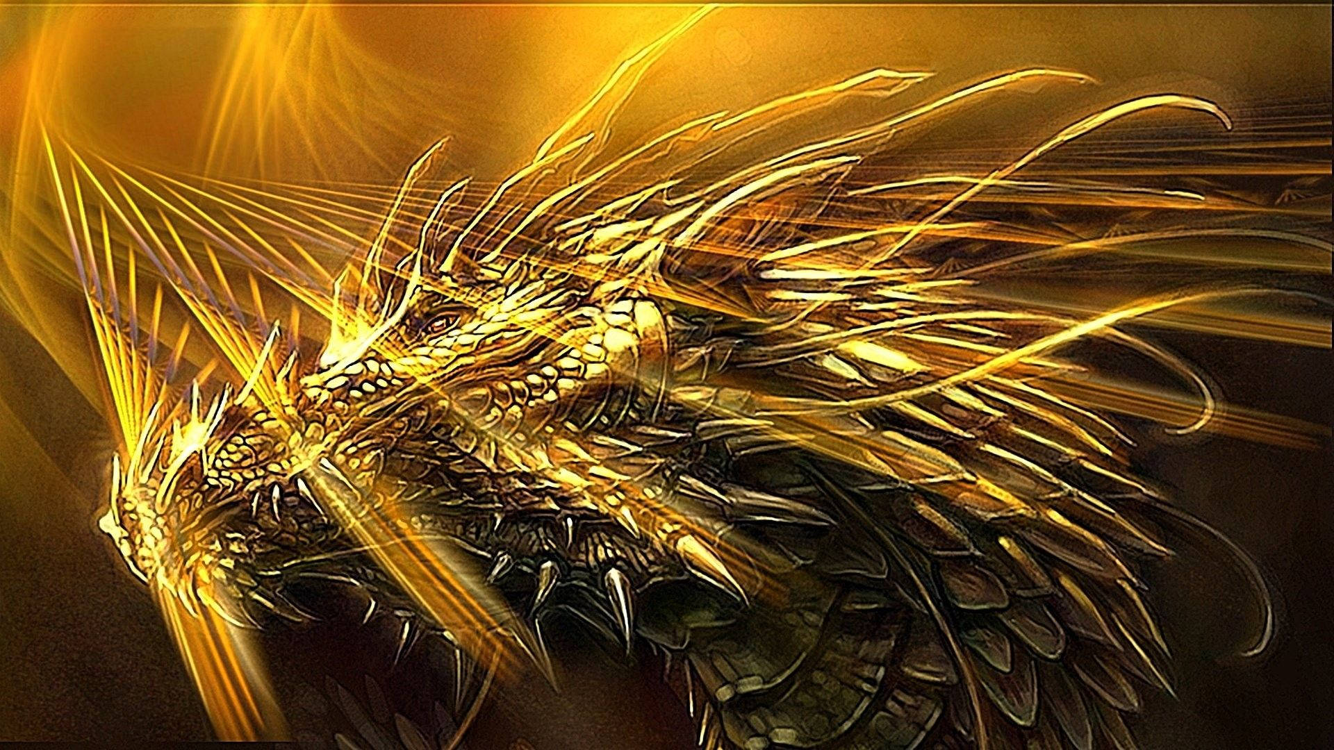 金龍 桌布 壁紙 — 一條雄偉的金色龍，身上有發光的鱗片，頭部射出耀眼的光芒，背景為黑色。