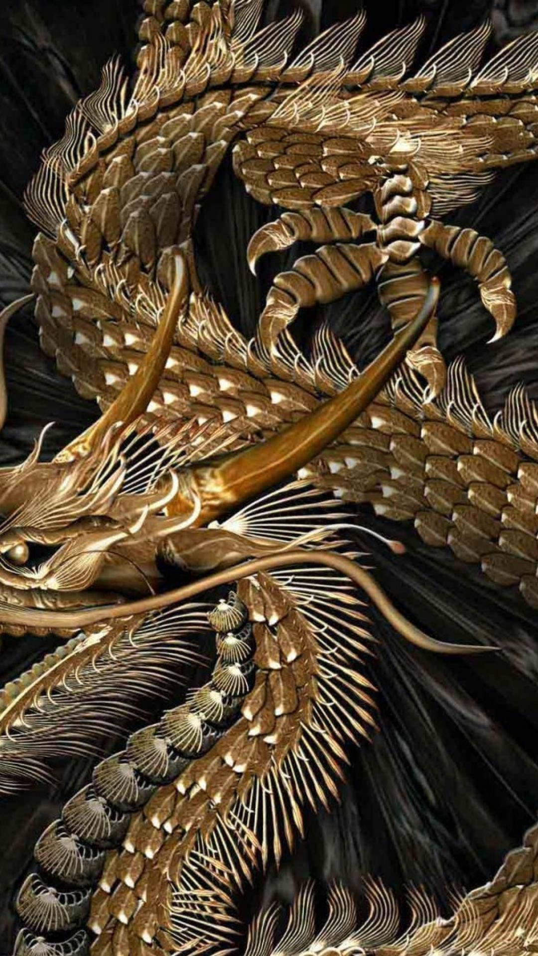 Gold Dragon 桌布 壁紙 — 一條雄偉的金龍，帶有精緻的鱗片和飄逸的鬃毛，在黑暗的背景上盤繞。