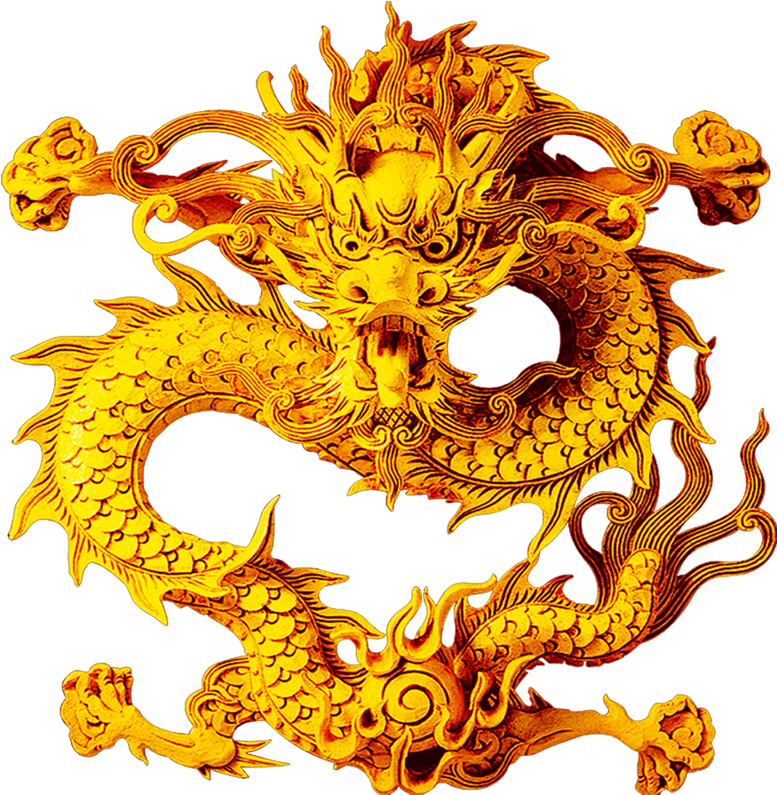 中國龍 桌布 壁紙 — 一條雄偉的金龍，帶有複雜的鱗片和飄逸的鬃毛，在純黑背景下動態盤繞。