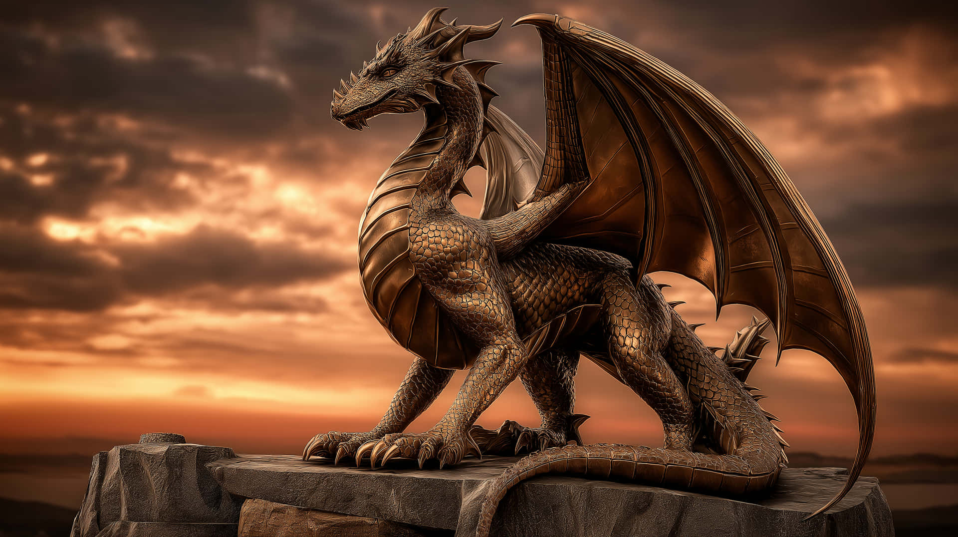 Imposing Bronze Dragon Statue Against Fiery Sunset Sky 壁紙 — 一條雄偉的金龍，帶有詳細的鱗片和展開的翅膀，棲息在石座上，背景是火熱的日落天空。