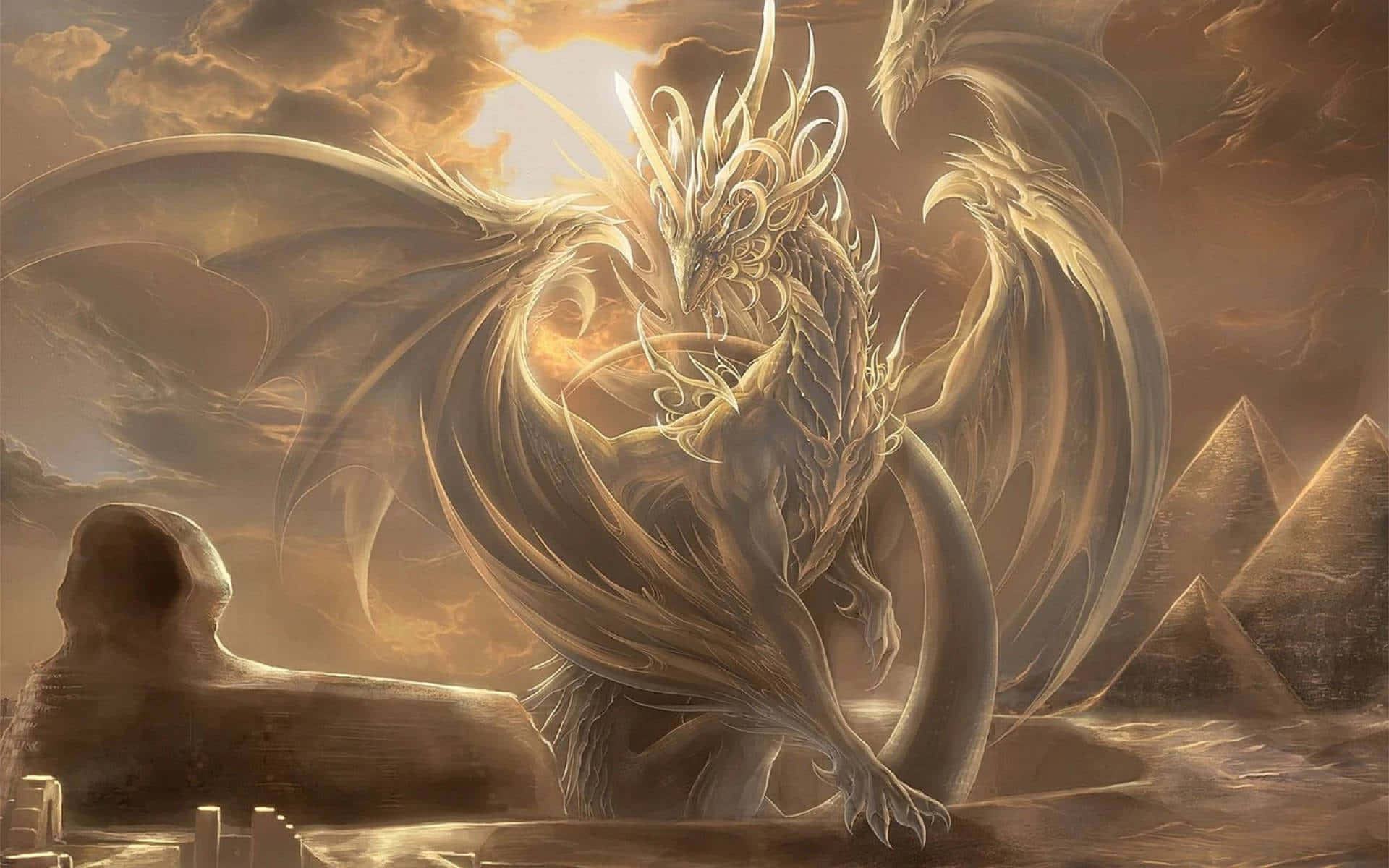 Mystical Dragon 桌布 壁紙 — 一條雄偉的金龍，擁有精細的鱗片和流暢的翅膀，矗立在古老金字塔頂端，背景是戲劇性的日落天空。