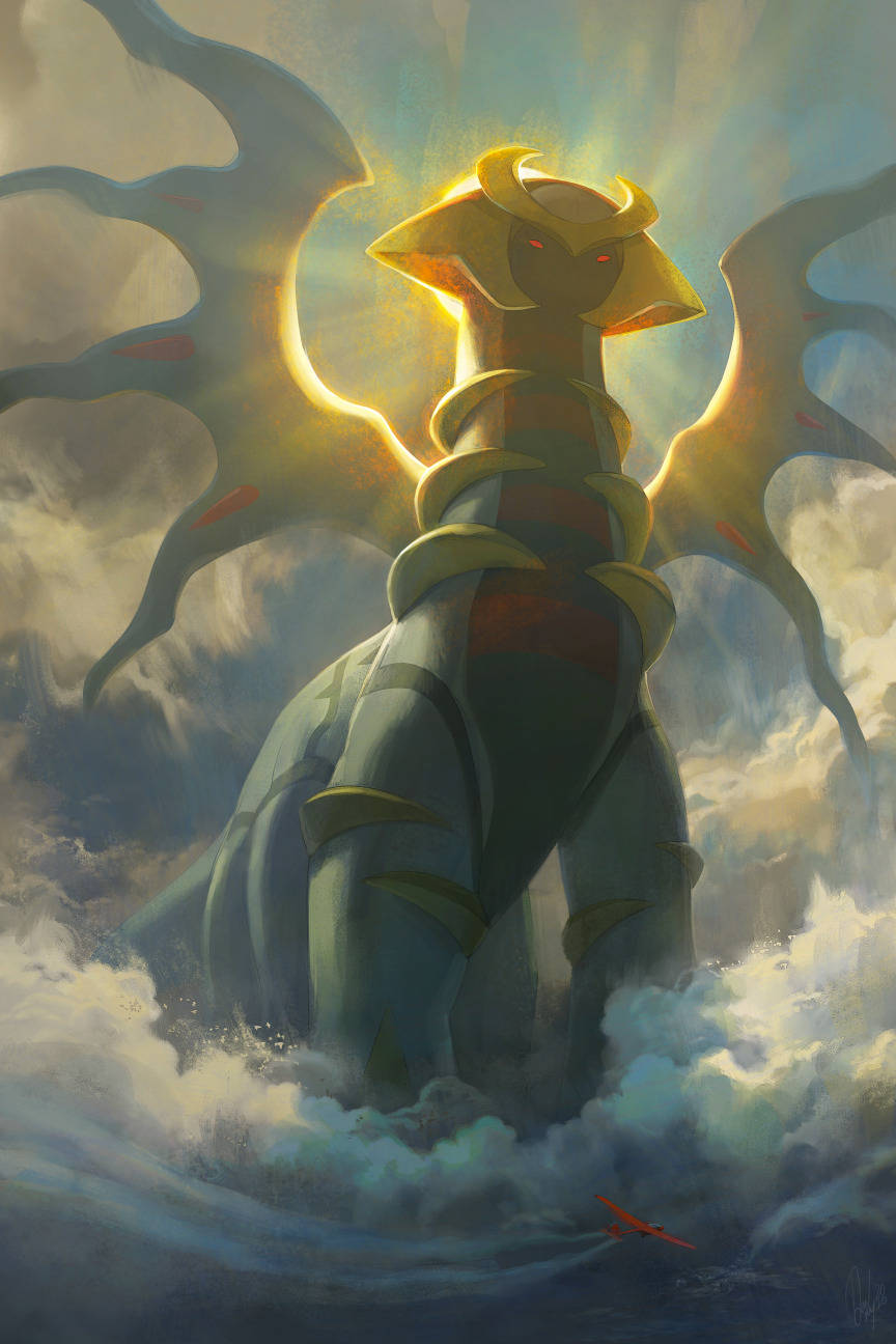Giratina 桌布 壁紙 — 一條雄偉的金龍，眼睛發光，翅膀閃耀，從暴風雲中出現在洶湧的水面上。