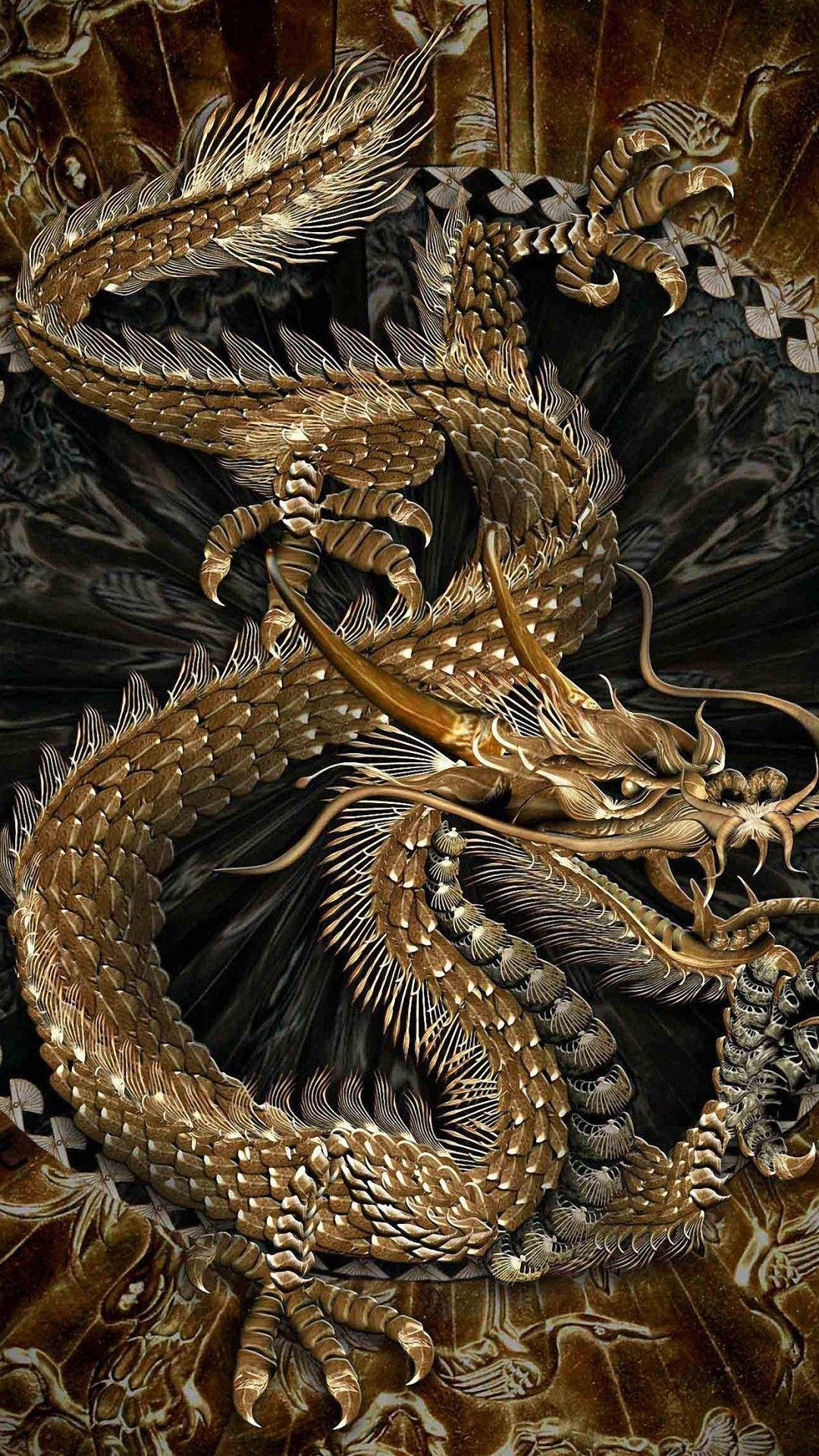 龍 桌布 壁紙 — 一條雄偉的金龍，鱗片精細，在黑暗華麗的背景上動態盤繞。