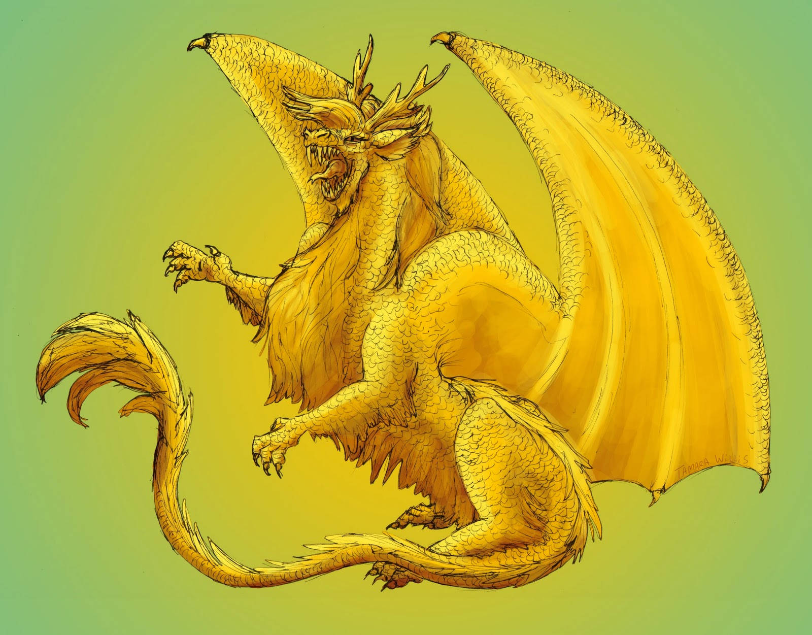 Gold Dragon 桌布 壁紙 — 一條雄偉的金龍，鱗片精細，表情兇猛，站在柔和的綠色漸變背景前。