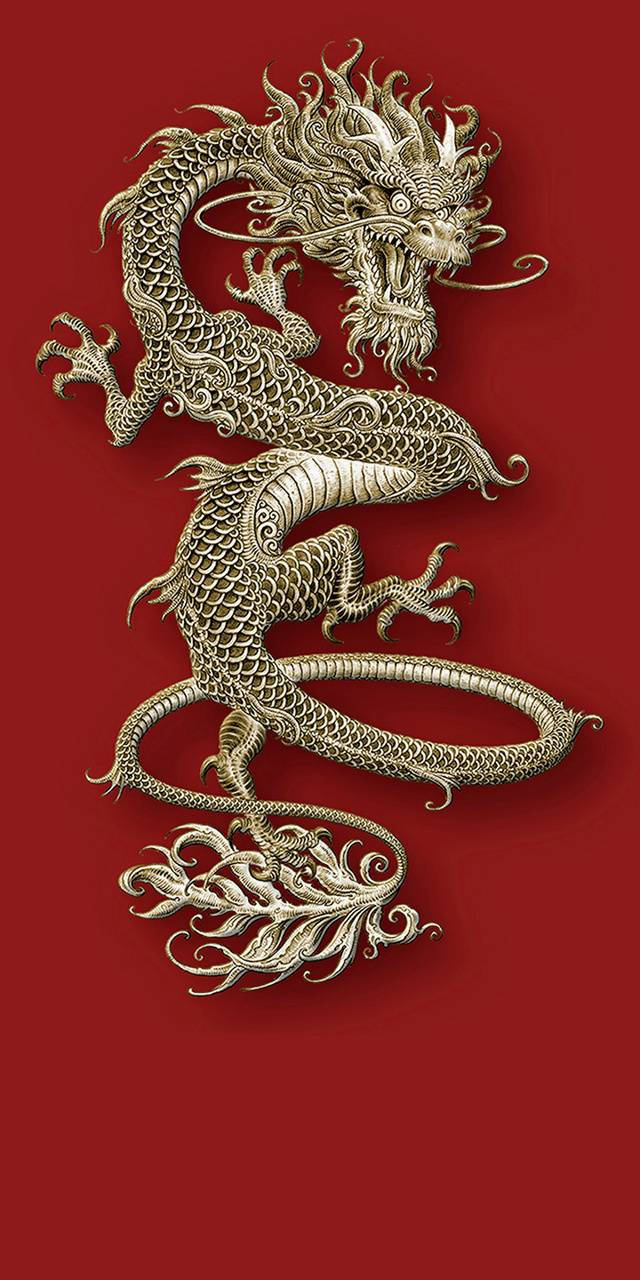 金龍 桌布 壁紙 — 一條雄偉的金龍，鱗片精緻，鬃毛飄逸，在濃郁的紅色背景上動態盤繞。