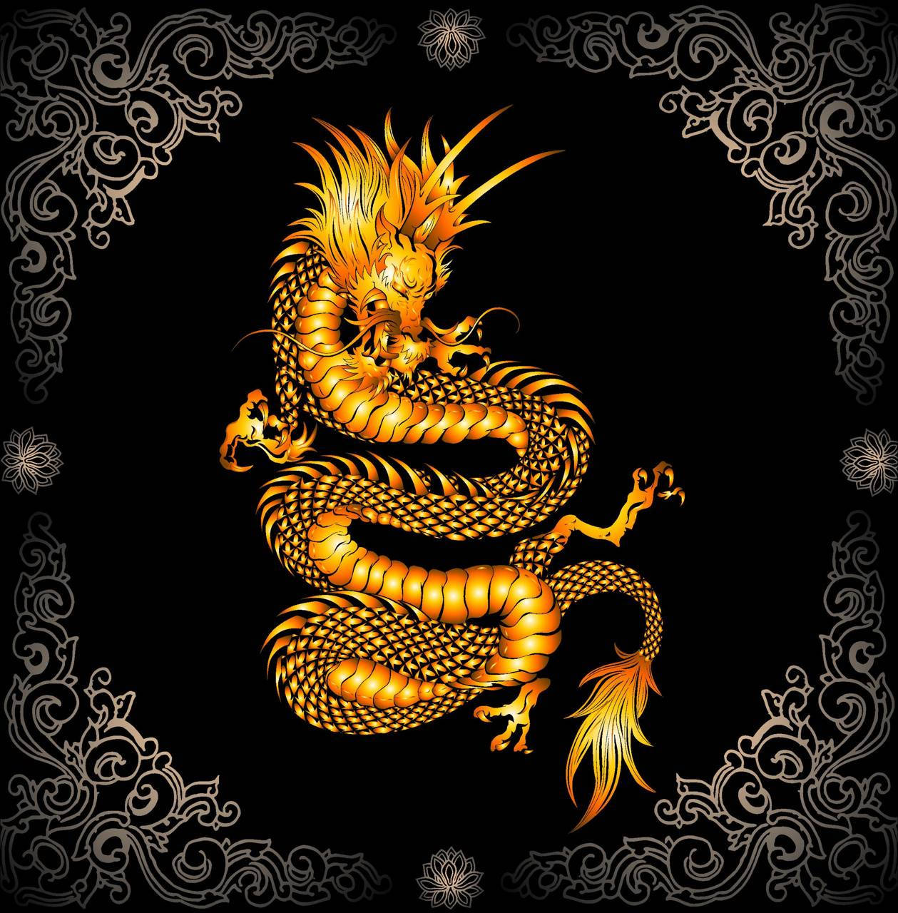 金龍 桌布 壁紙 — 一條雄偉的金龍在黑色背景上動態盤繞，周圍環繞著華麗的銀色鏤空圖案。