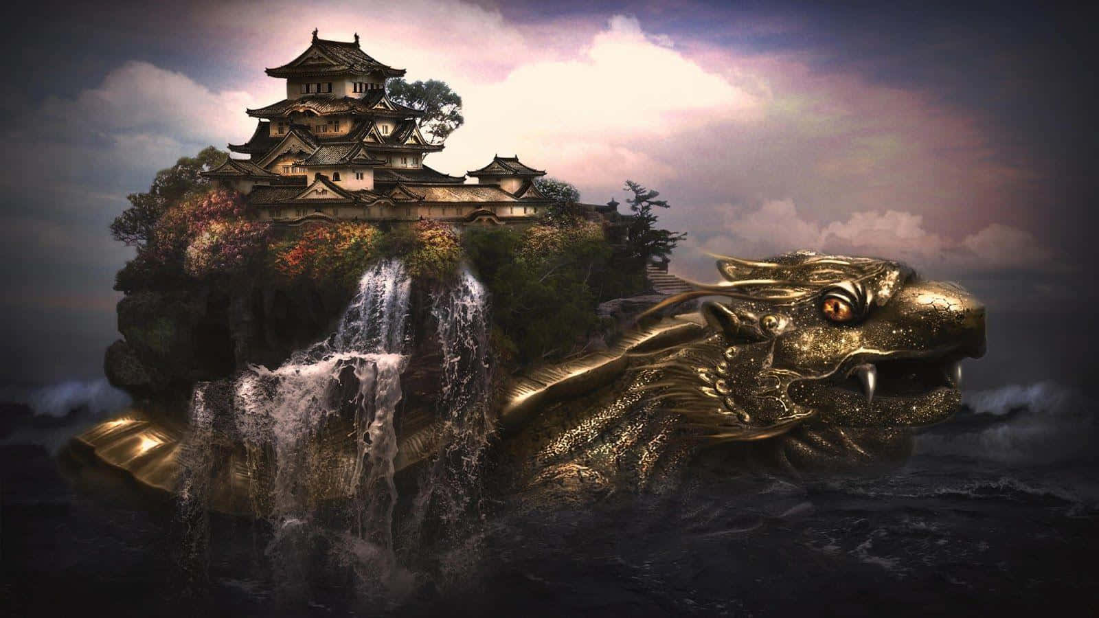 3d Fantasy 桌布 壁紙 — 一條雄偉的金龍從波濤洶湧的大海中升起，背負著一個擁有傳統日本城堡和層疊瀑布的鬱鬱蔥蔥的島嶼。