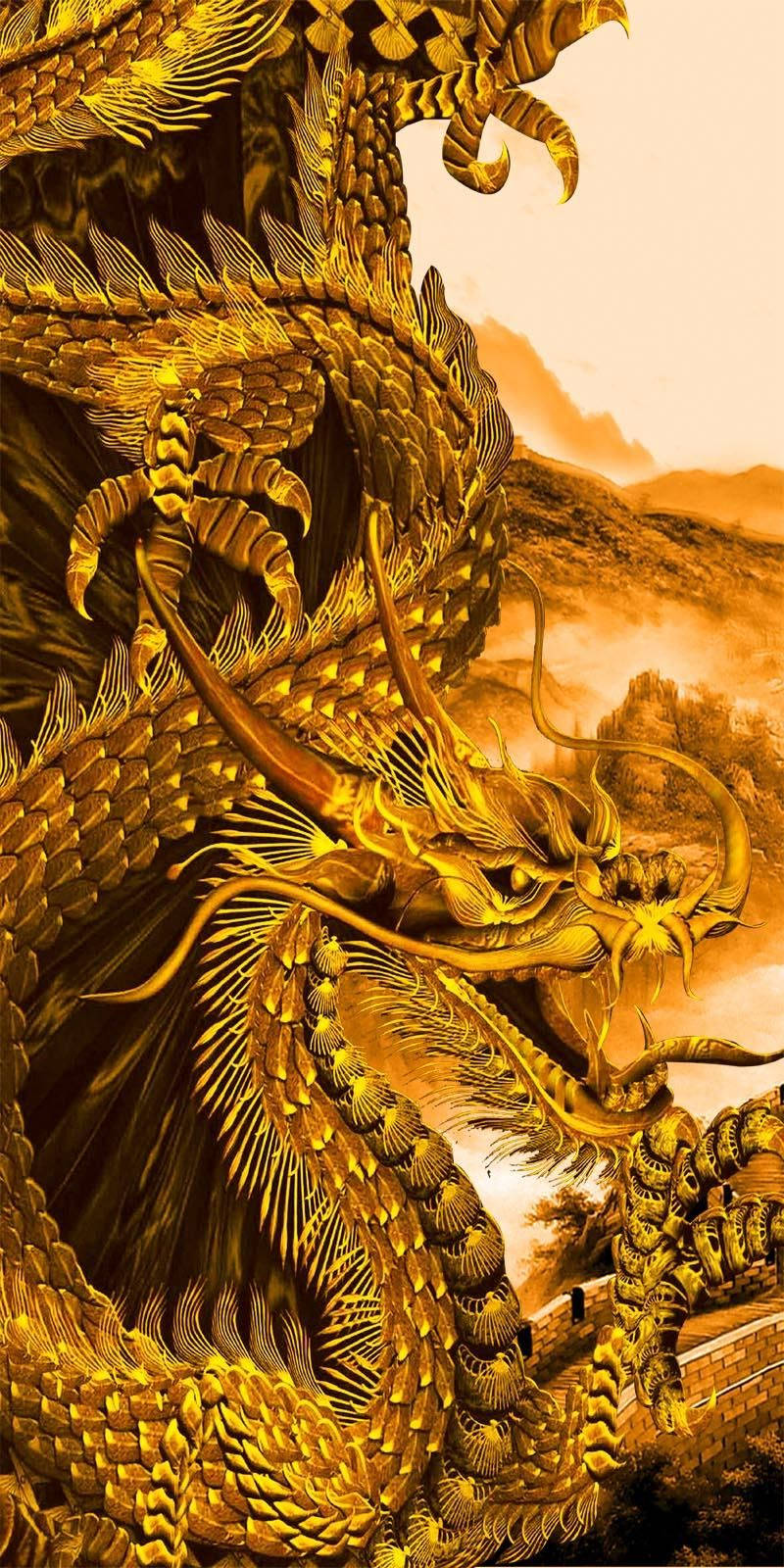 金龍 桌布 壁紙 — 一條雄偉的金龍盤繞在溫暖日落餘暉的山巒景觀之上。