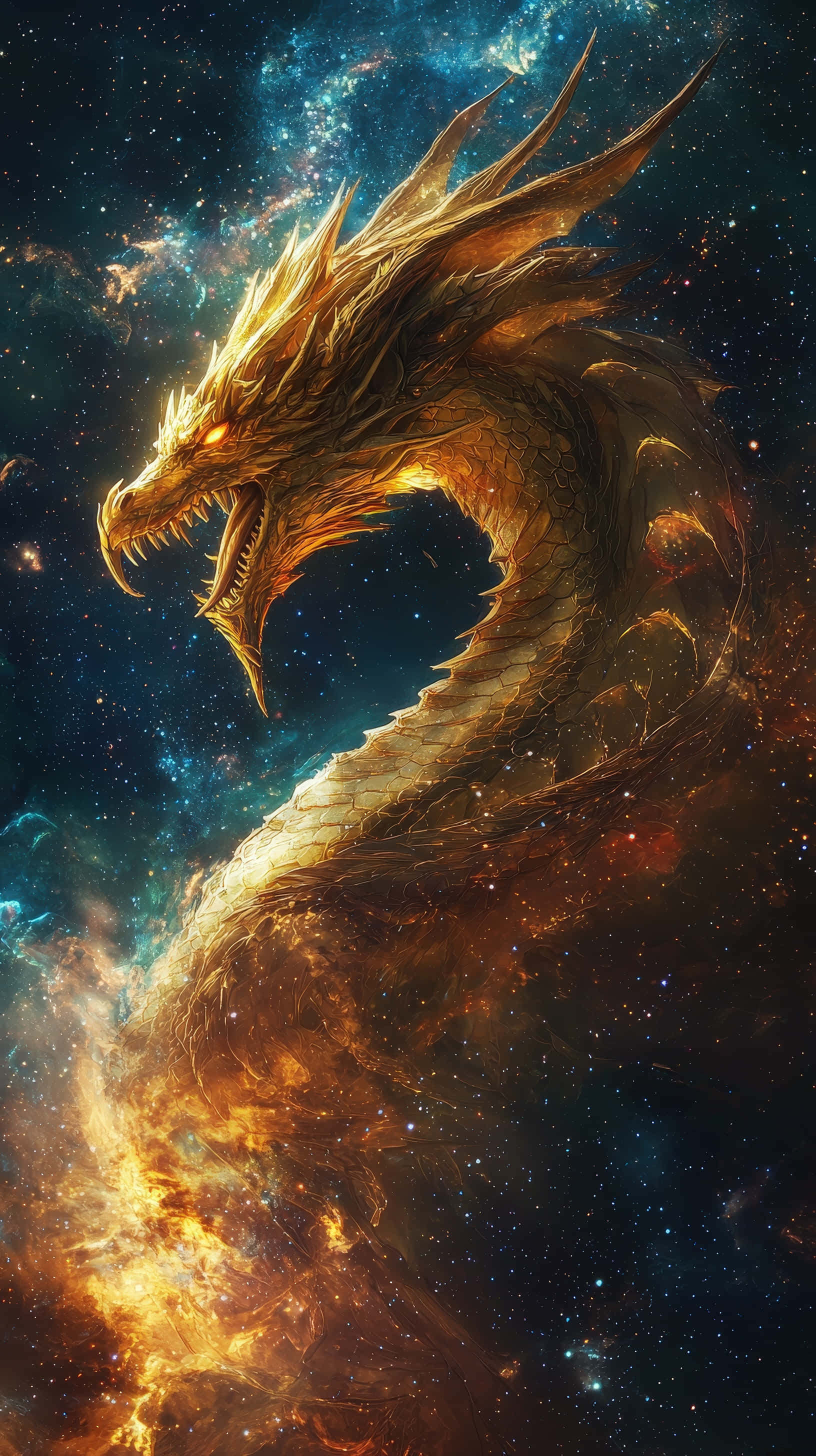 Cosmic 桌布 壁紙 — 一條雄偉的金龍蜿蜒穿過充滿活力的宇宙星雲，星雲中閃耀著火橙色和電光藍色的星星。