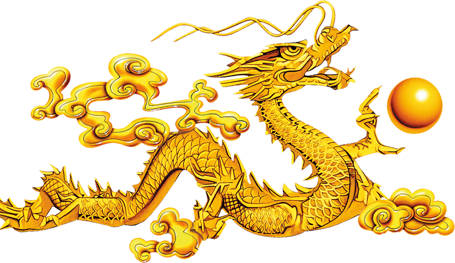 中國龍 桌布 壁紙 — 一條雄偉的金龍蜿蜒穿過華麗的雲層，緊握著一顆發光的球體，背景是風格化的城市景觀。