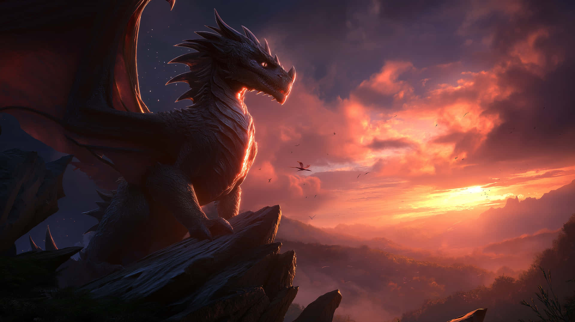 Majestic Bronze Dragon Statue at Sunset with Fiery Sky 壁紙 — 一條雄偉的銀龍棲息在日落時分的岩石懸崖上，翅膀部分展開，映襯著火紅的橙色和紫色天空。
