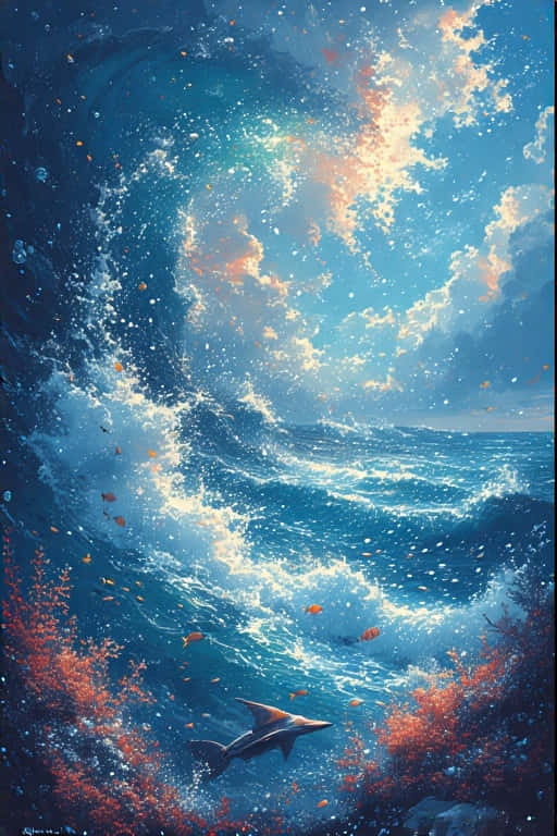Stunning Sea Anime Realism Precisionist Art 壁紙 — 一條雄偉的雙髻鯊在充滿活力的珊瑚礁中游動，而巨大的海浪在金色天空下從頭頂轟然落下。