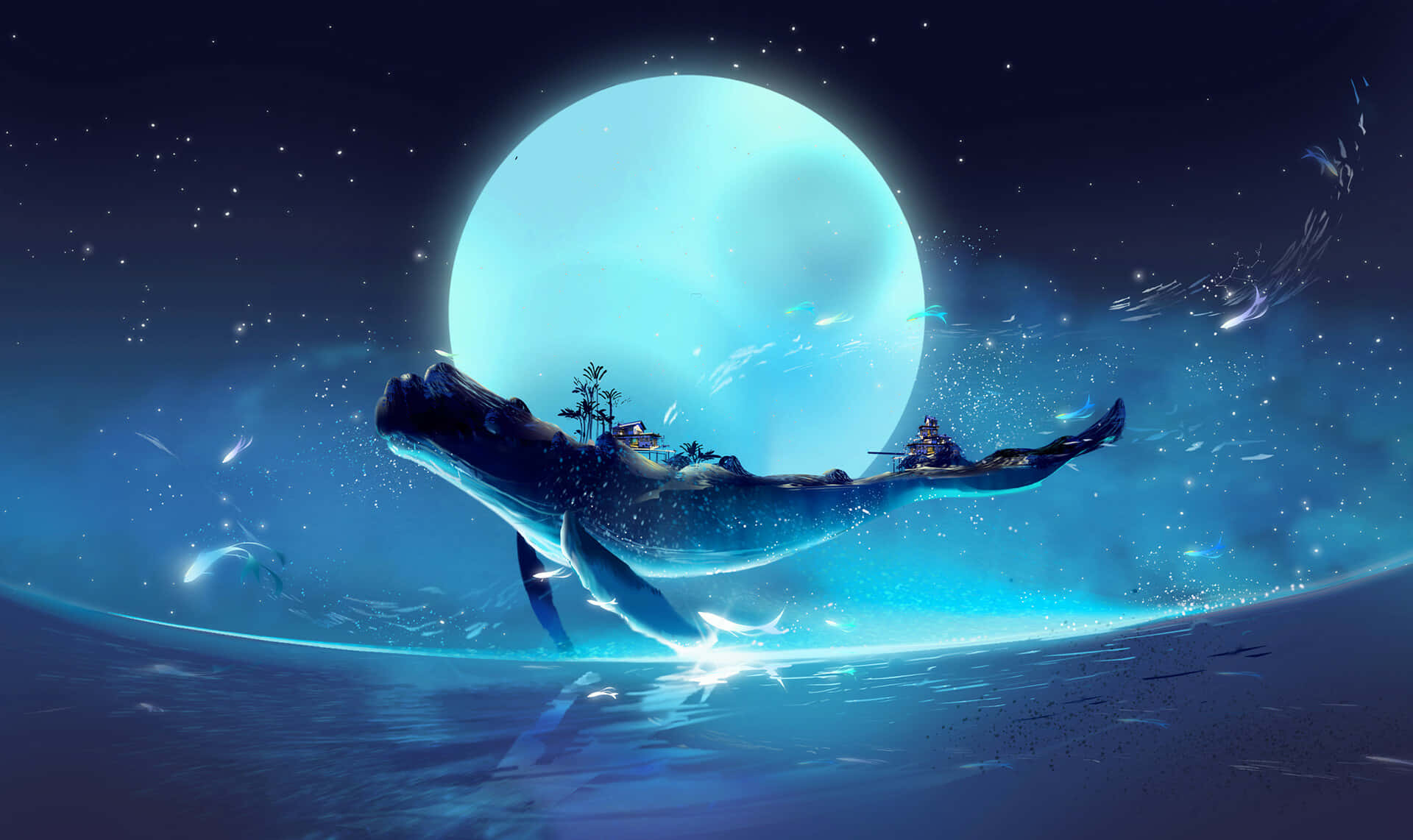 blue whale 桌布 壁紙 — 一條雄偉的鯨魚在星光閃爍的水域中滑行，背負著一個小島村莊，上方懸掛著發光的藍色月亮。