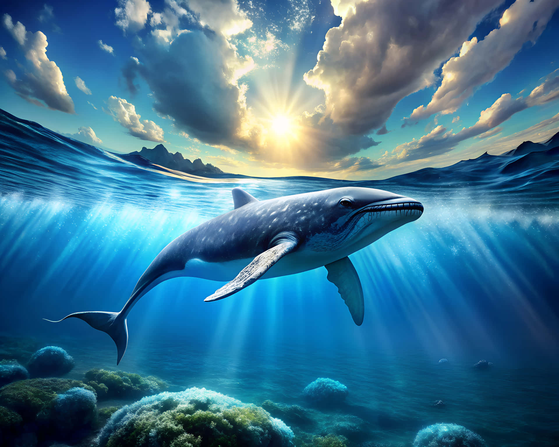 Whale on the ocean floor 壁紙 — 一條雄偉的鯨魚在陽光普照的海洋中滑行，天空壯麗，燦爛的陽光穿透海面。