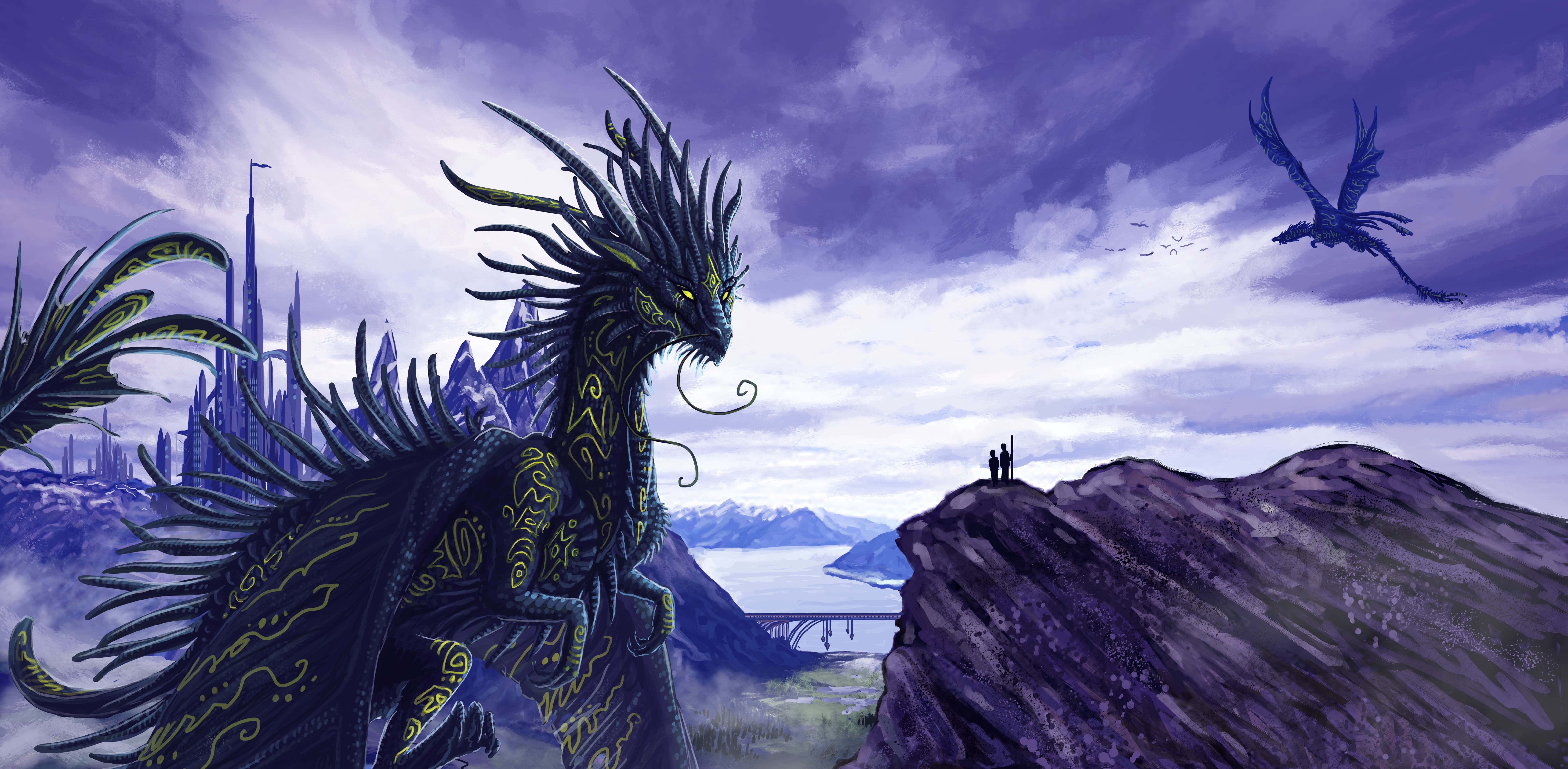 Mythical Dragon 桌布 壁紙 — 一條雄偉的黑色龍，帶有發光的黃色圖案，站在懸崖上，俯瞰著未來城市和遠處的山脈，背景是紫色的暮色天空。