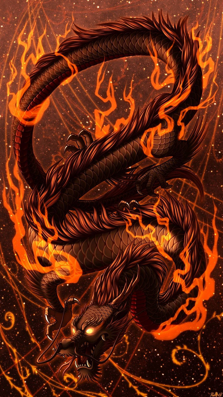 火龍 桌布 壁紙 — 一條雄偉的黑龍在熾熱的橙色火焰中盤旋，背景是星光燦爛的宇宙，眼睛發光。