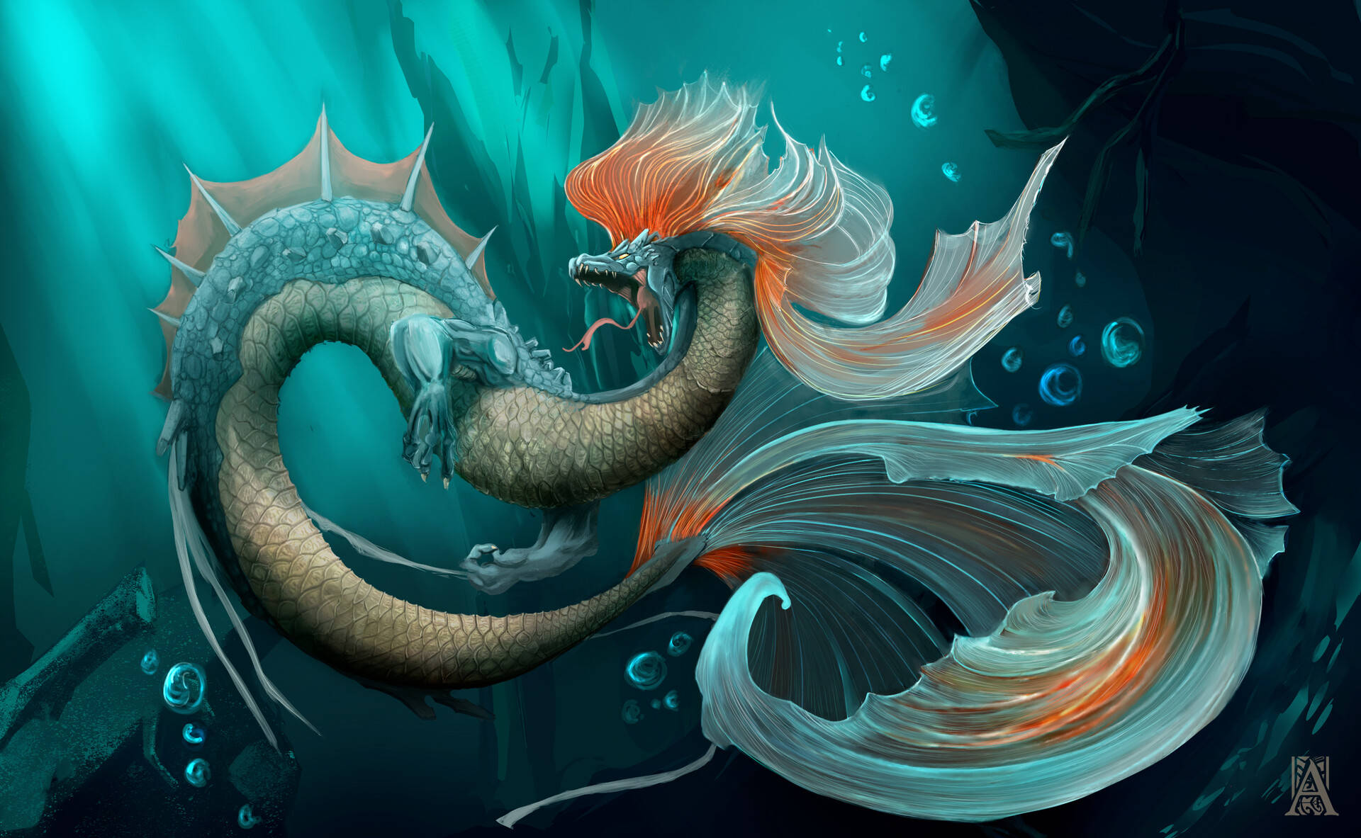 Water Dragon 桌布 壁紙 — 一條雄偉的龍，擁有發光的橙色鬃毛和流暢的鰭，優雅地游過深藍綠色的水下洞穴。