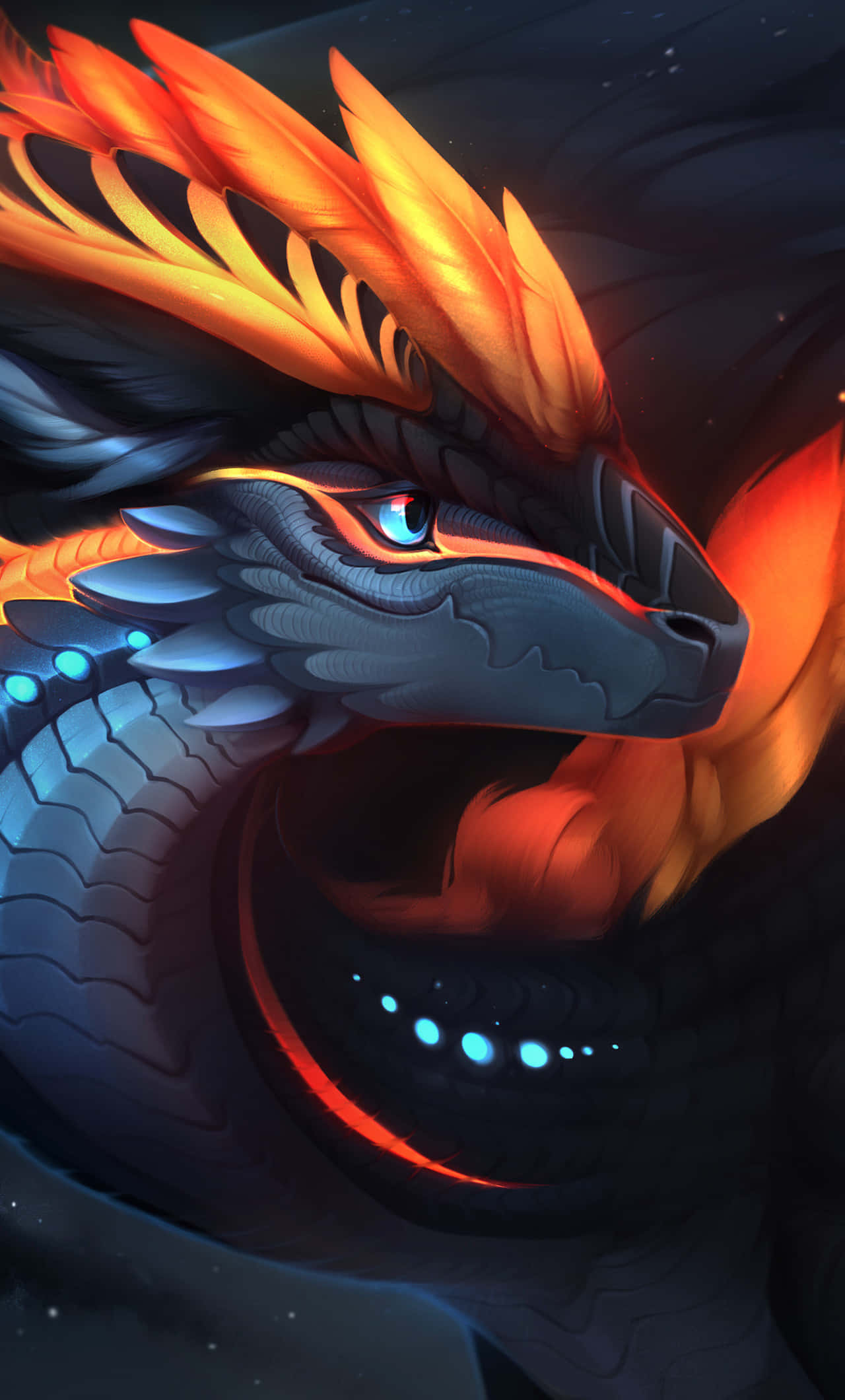 Beautiful Dragon 桌布 壁紙 — 一條雄偉的龍，有著火紅色的冠和發光的藍色眼睛，盤繞在黑暗的星空背景下。