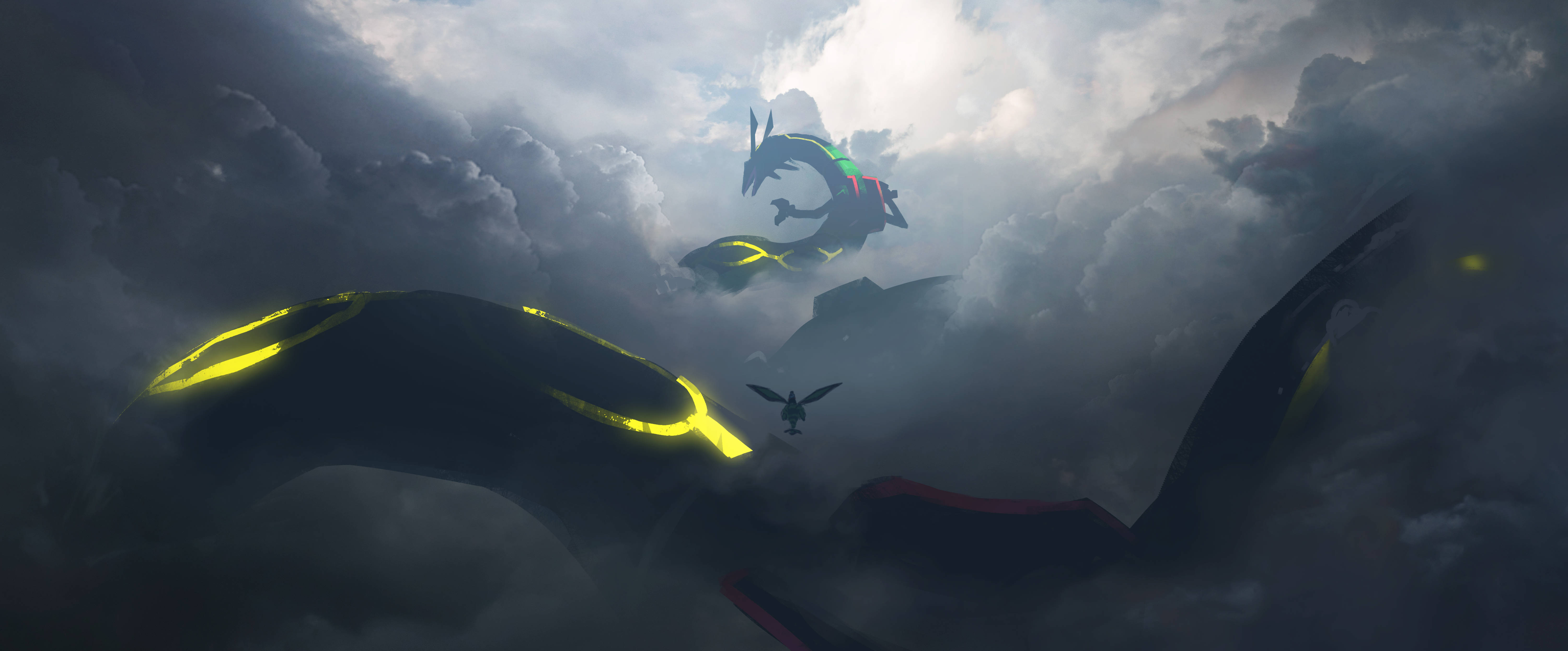 烈空坐 桌布 壁紙 — 一條雄偉的龍在暴風雲中翱翔，帶有發光的黃色點綴，一隻小鳥在下方飛翔。