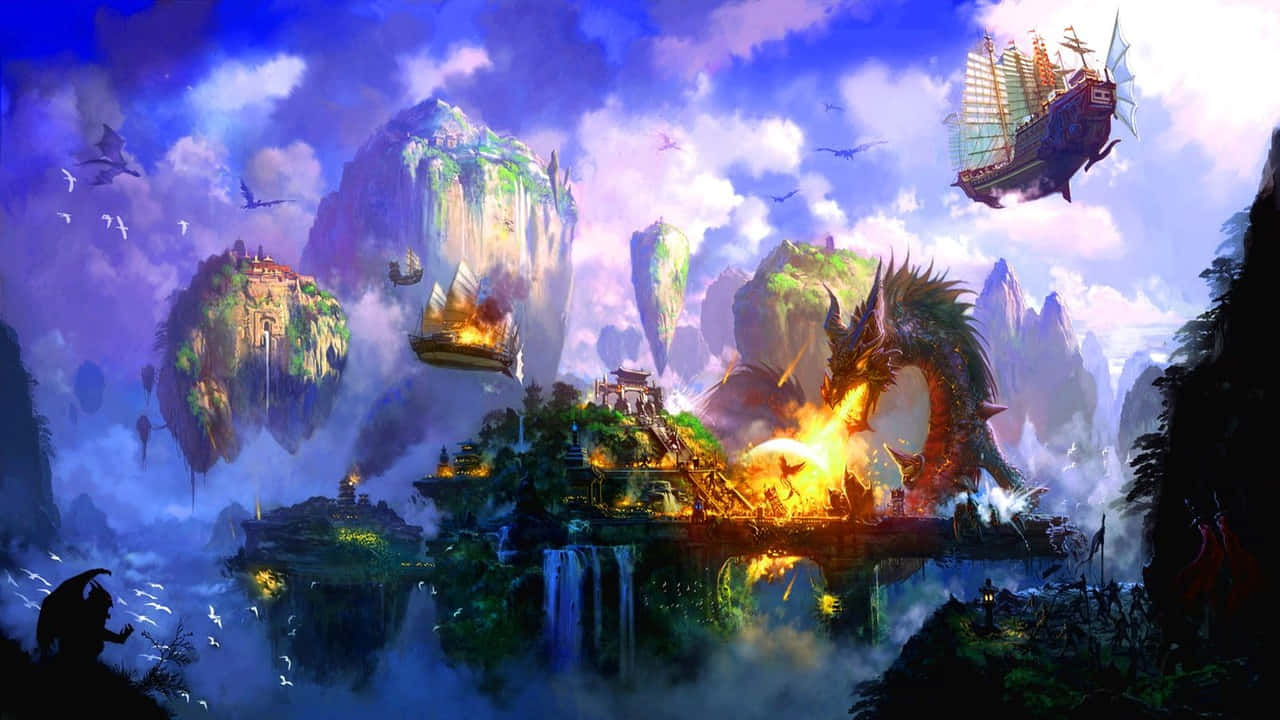 電玩遊戲 桌布 壁紙 — 一條雄偉的龍在浮島上噴火，島上有古老的寺廟和帆船，天空奇幻。