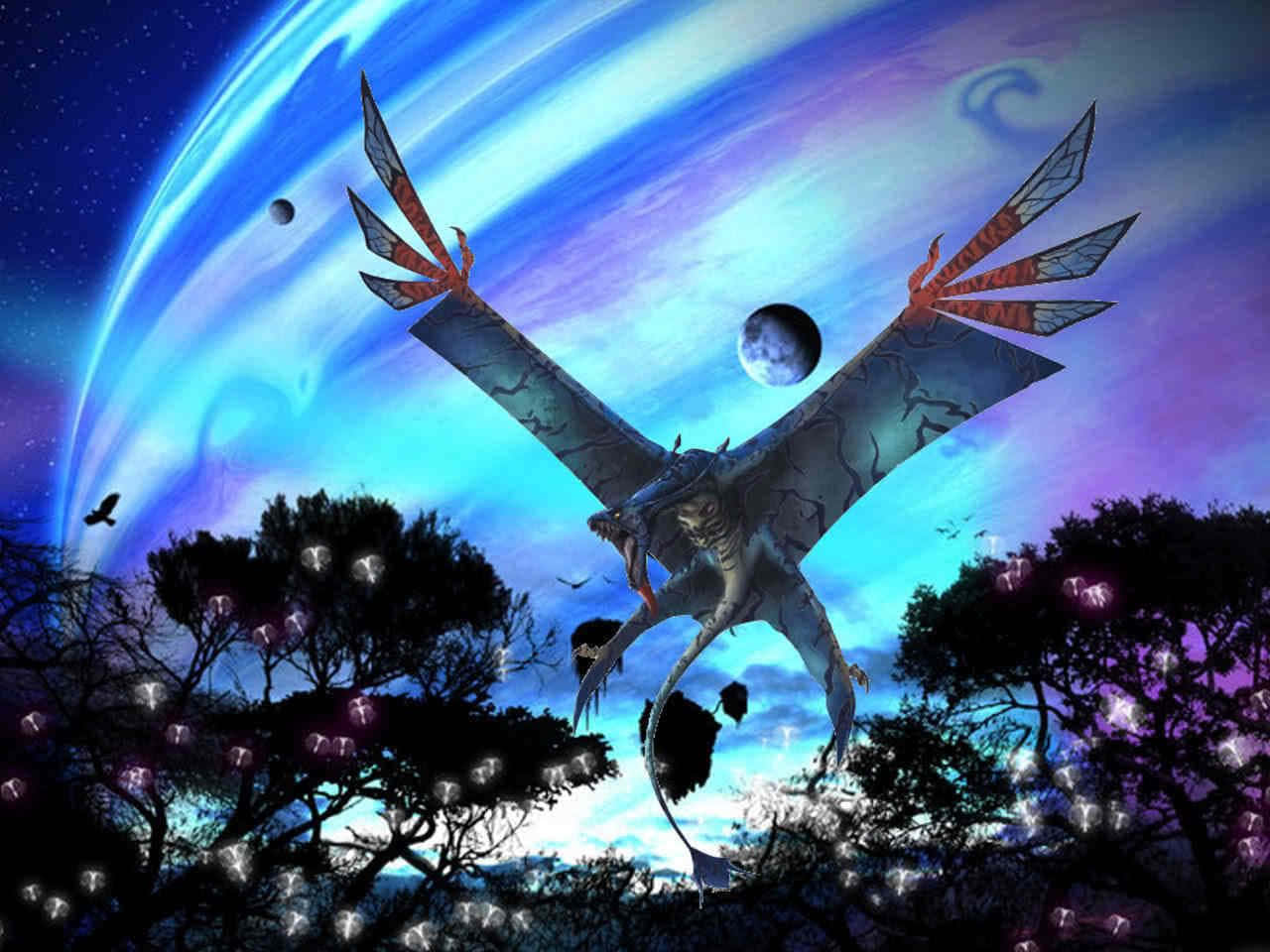 Avatar Pandora 桌布 壁紙 — 一條雄偉的龍在發光的樹木上方翱翔，背景是宇宙天空，有一個巨大的藍色行星和漂浮的月亮。