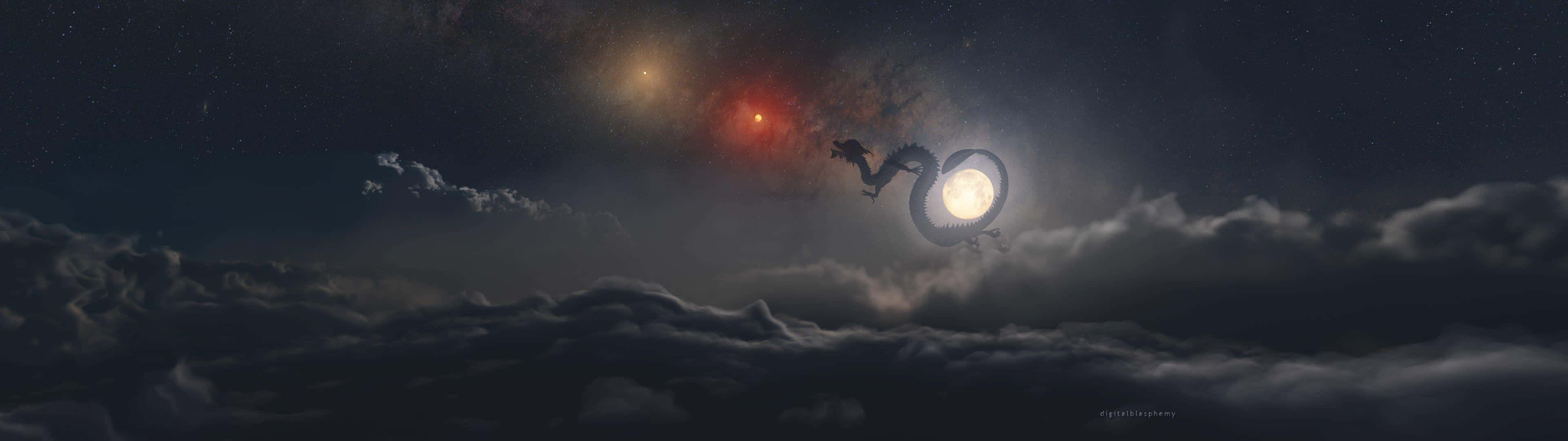 高清 桌布 壁紙 — 一條雄偉的龍在繁星點點的夜空中翱翔，尾巴纏繞著雲海之上發光的月亮。