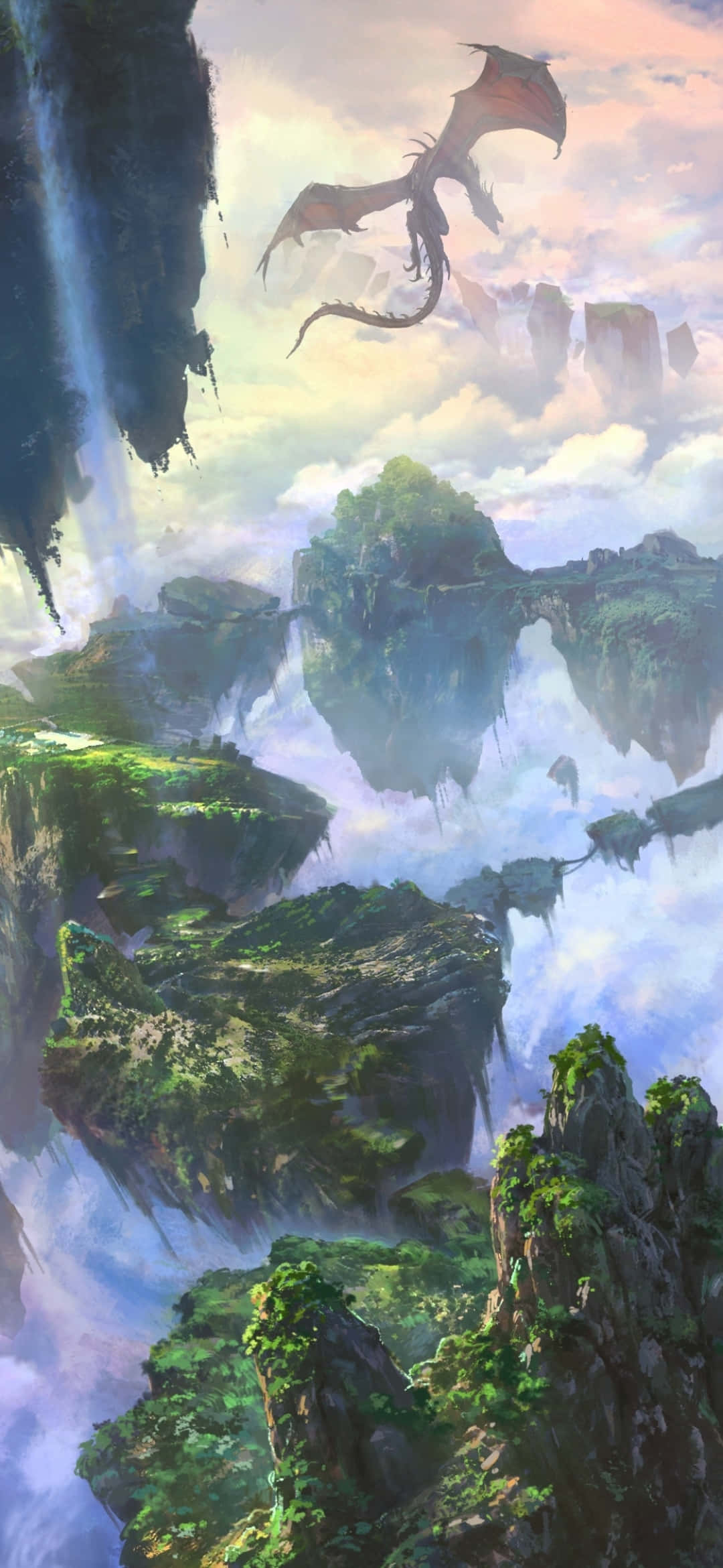Fantasy Phone 桌布 壁紙 — 一條雄偉的龍在薄霧籠罩的浮島上方翱翔，島上綠意盎然，瀑布傾瀉而下，背景是柔和的粉彩天空。