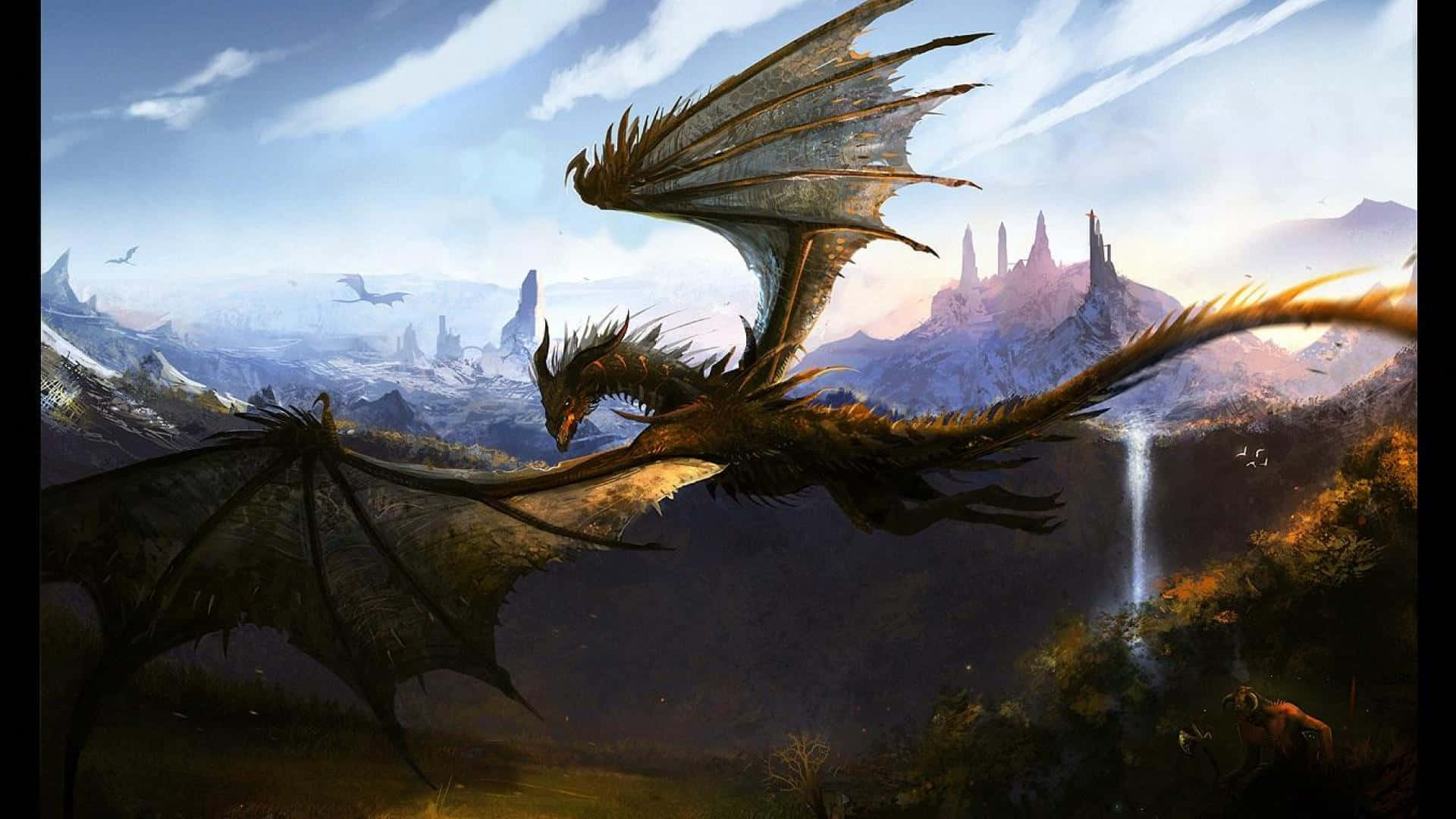 Beautiful Dragon 桌布 壁紙 — 一條雄偉的龍在霧氣瀰漫的山谷上空翱翔，下方有古老的尖塔和發光的瀑布。