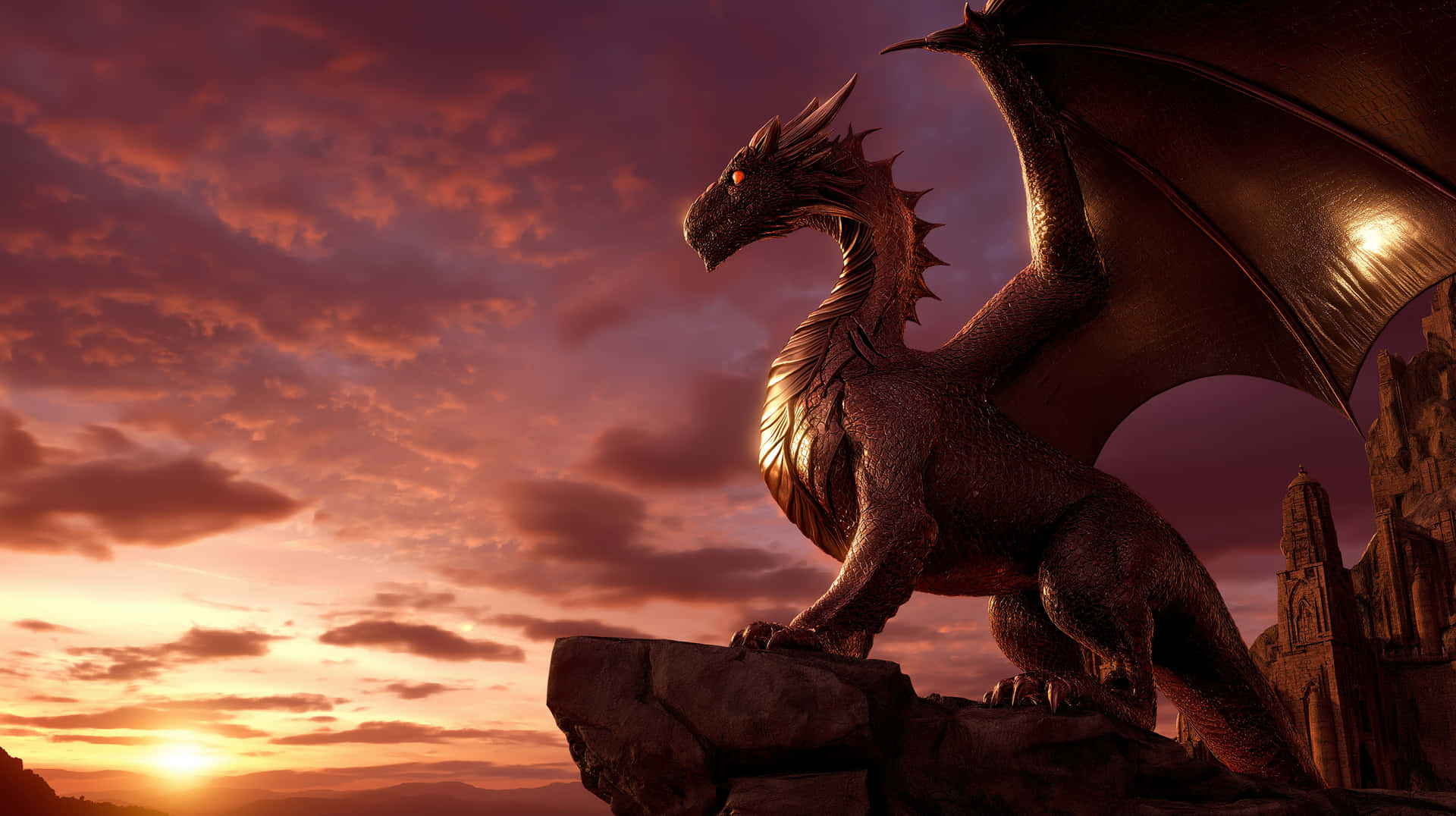 Powerful Bronze Dragon Guarding Craggy Peak at Sunset 壁紙 — 一條雄偉的龍棲息在岩石露頭上，背景是熾熱的日落天空和古代遺跡。
