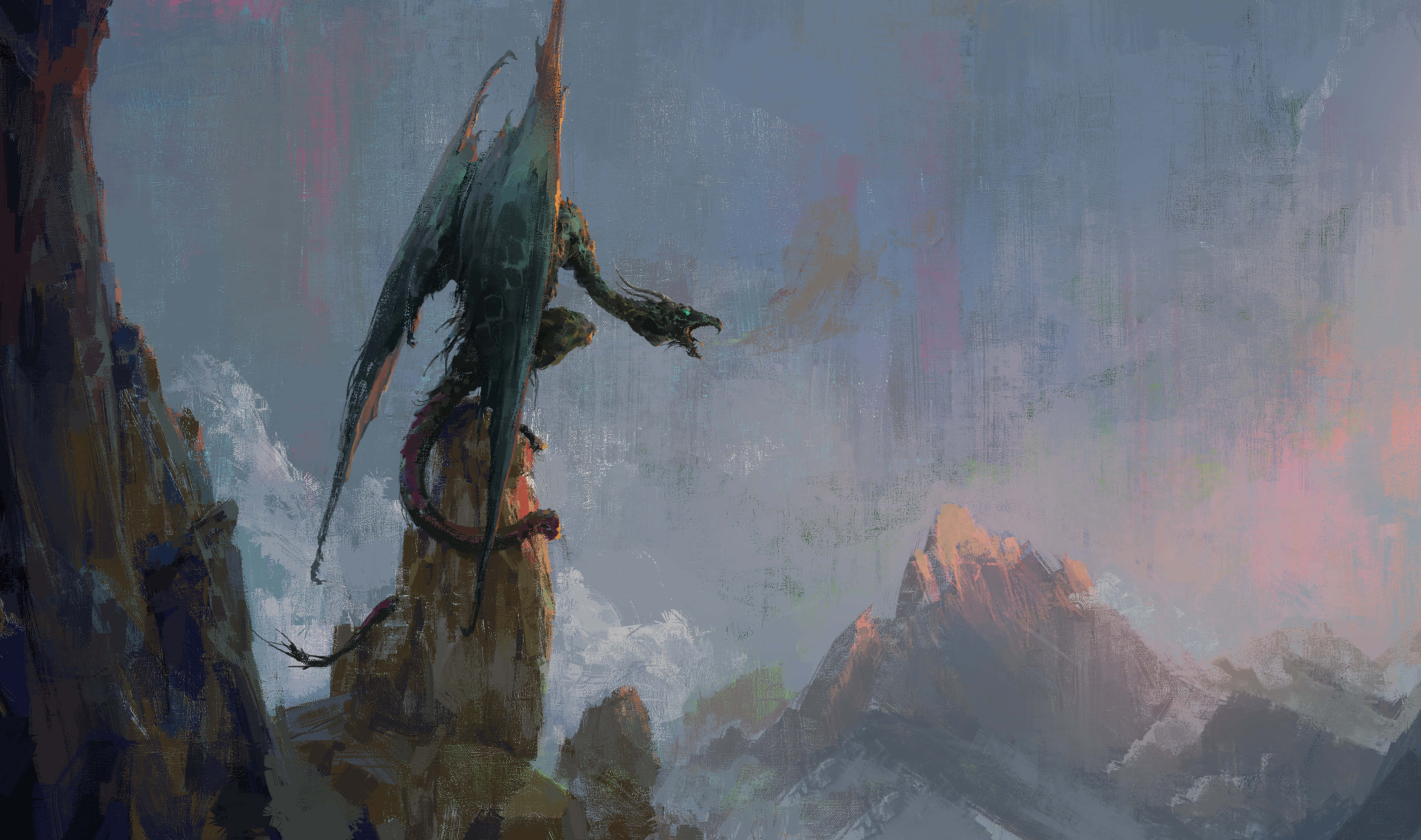 Mythical Dragon 桌布 壁紙 — 一條雄偉的龍棲息在崎嶇的山頂上，俯瞰著黃昏時霧氣瀰漫的阿爾卑斯山谷。