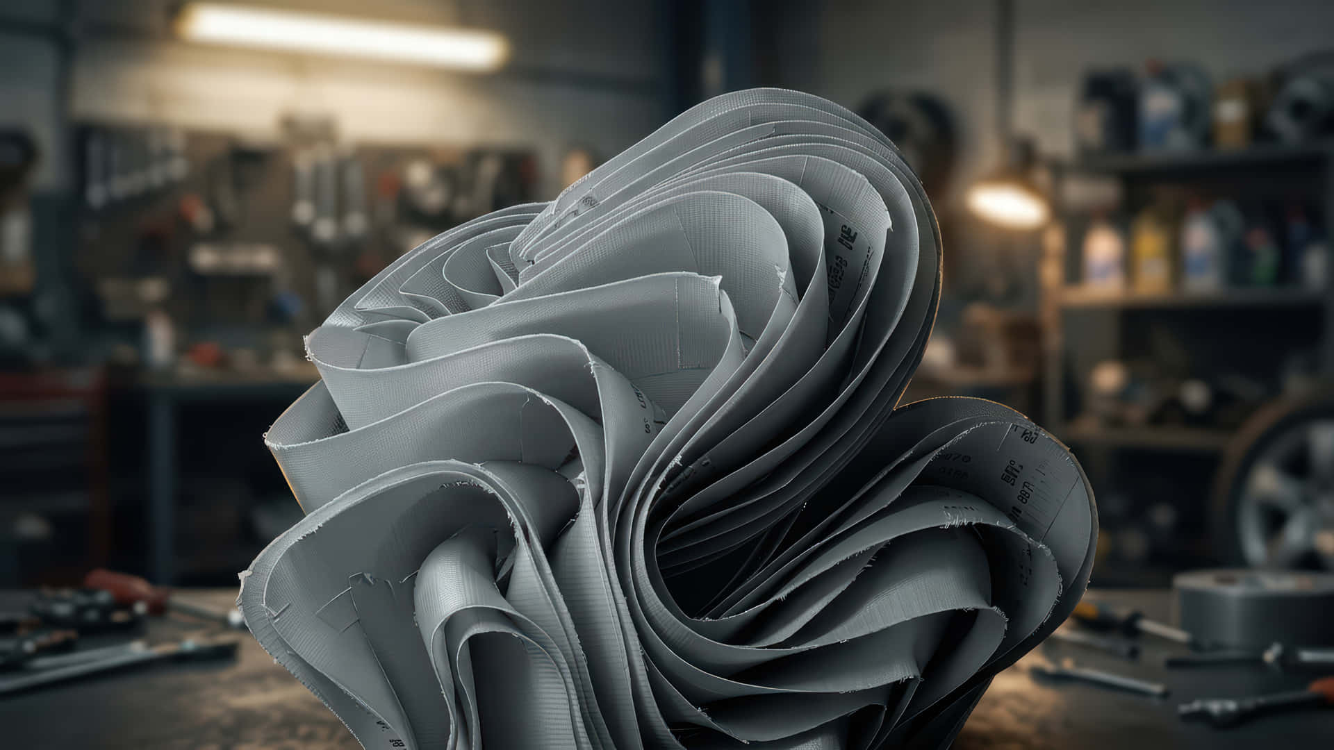 Ducktape Bloom modded wallpaper for desktop Enhancement, 壁紙 — 一條雕刻的灰色金屬絲帶在光線昏暗的車庫工作室的工作台上形成玫瑰狀的形狀。