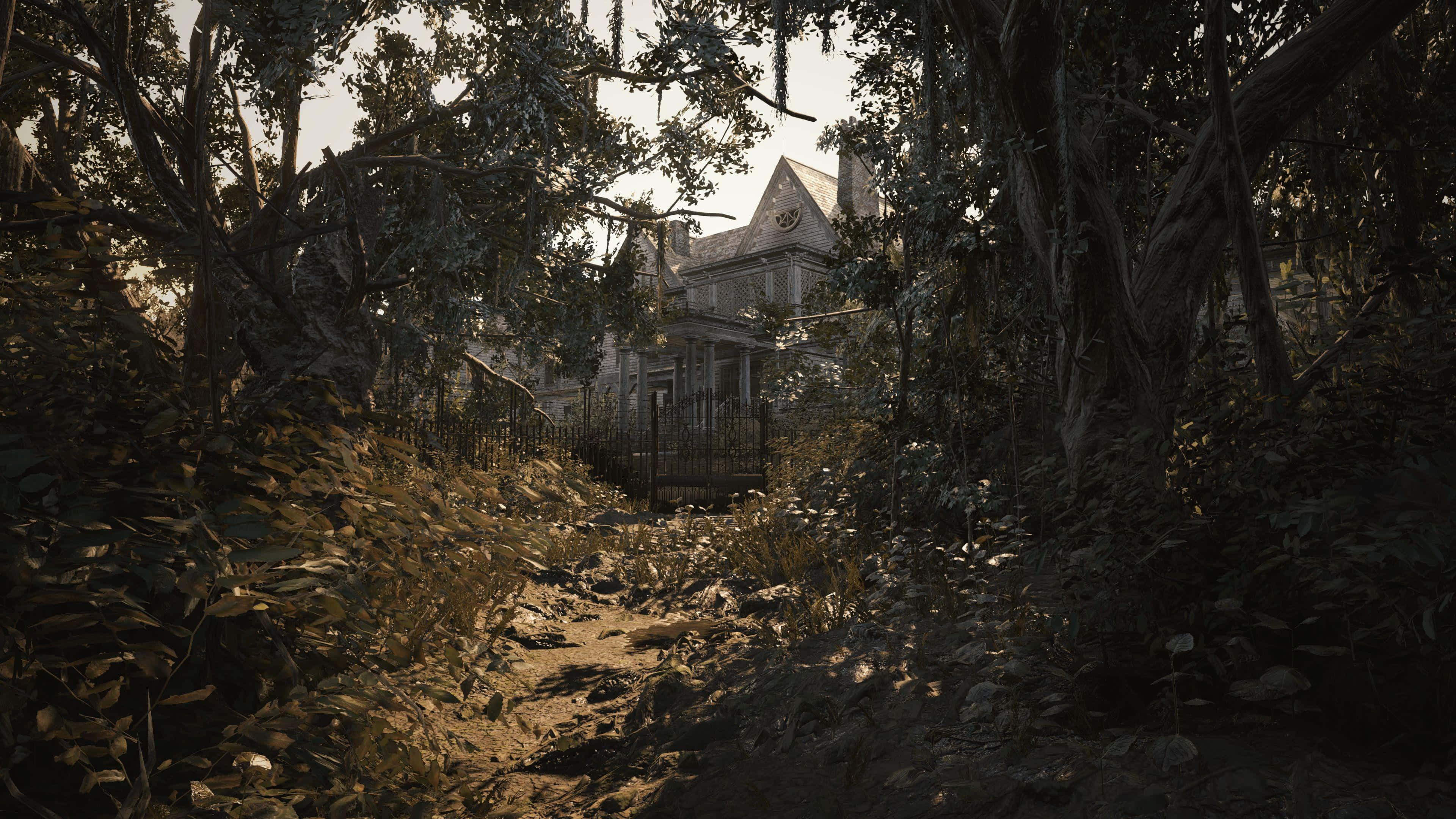 Horror Games 桌布 壁紙 — 一條雜草叢生的小徑通往一座被茂密叢林吞噬的破敗大宅，沐浴在柔和的金色光線下。