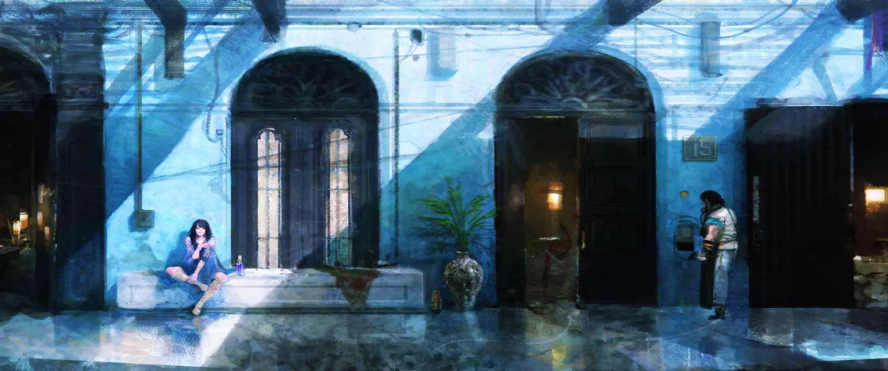 3440x1440p Final Fantasy Xv 桌布 壁紙 — 一條雨中的藍調小巷，有兩個人影，一個坐在壁架上，另一個站在門口附近，處於戲劇性的光束下。