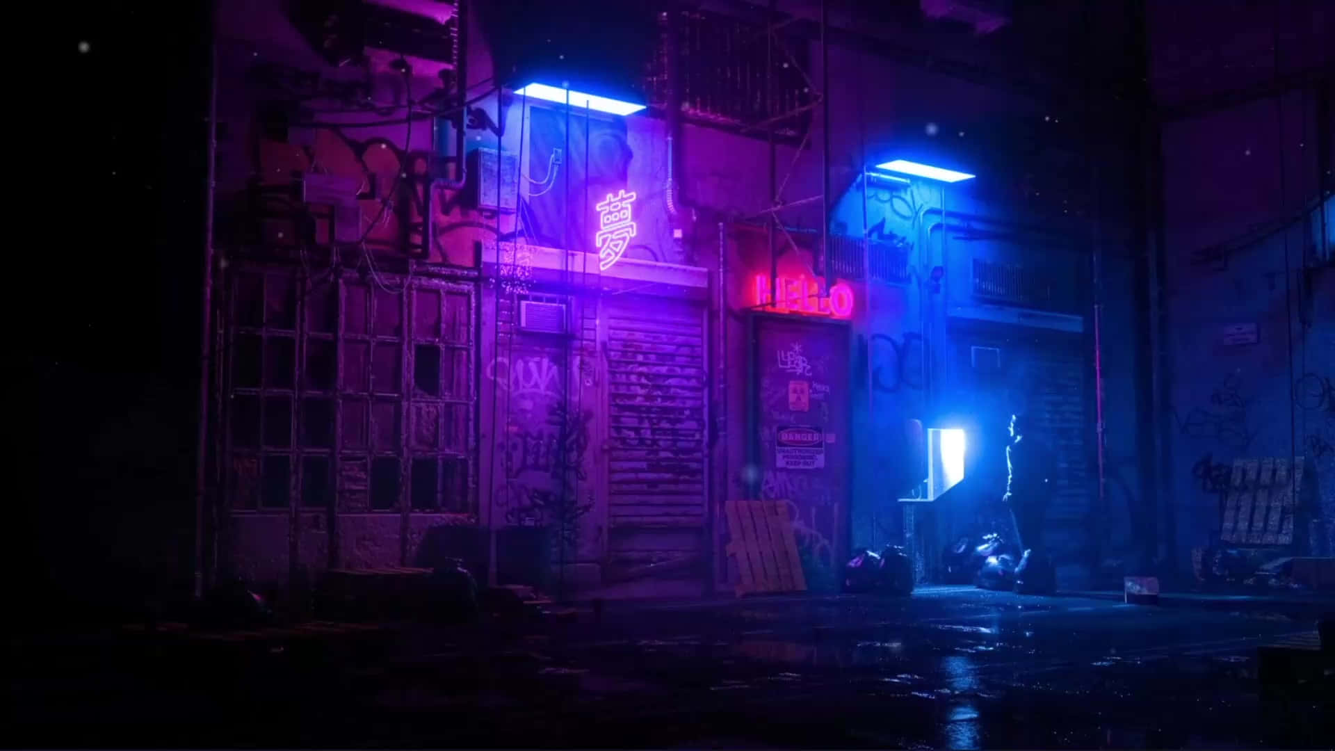 桌布 壁紙 — 一條雨濕的城市後巷，夜晚被霓虹紫和藍光從閃爍的招牌和塗鴉牆壁所沐浴。