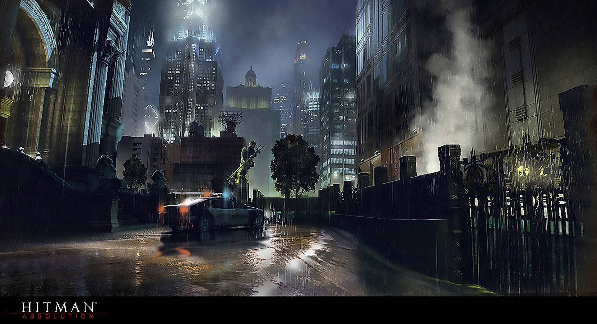 hitman absolution HD 桌布 壁紙 — 一條雨濕的霓虹燈夜街，汽車駛過高聳的摩天大樓，蒸汽從圍欄升起。