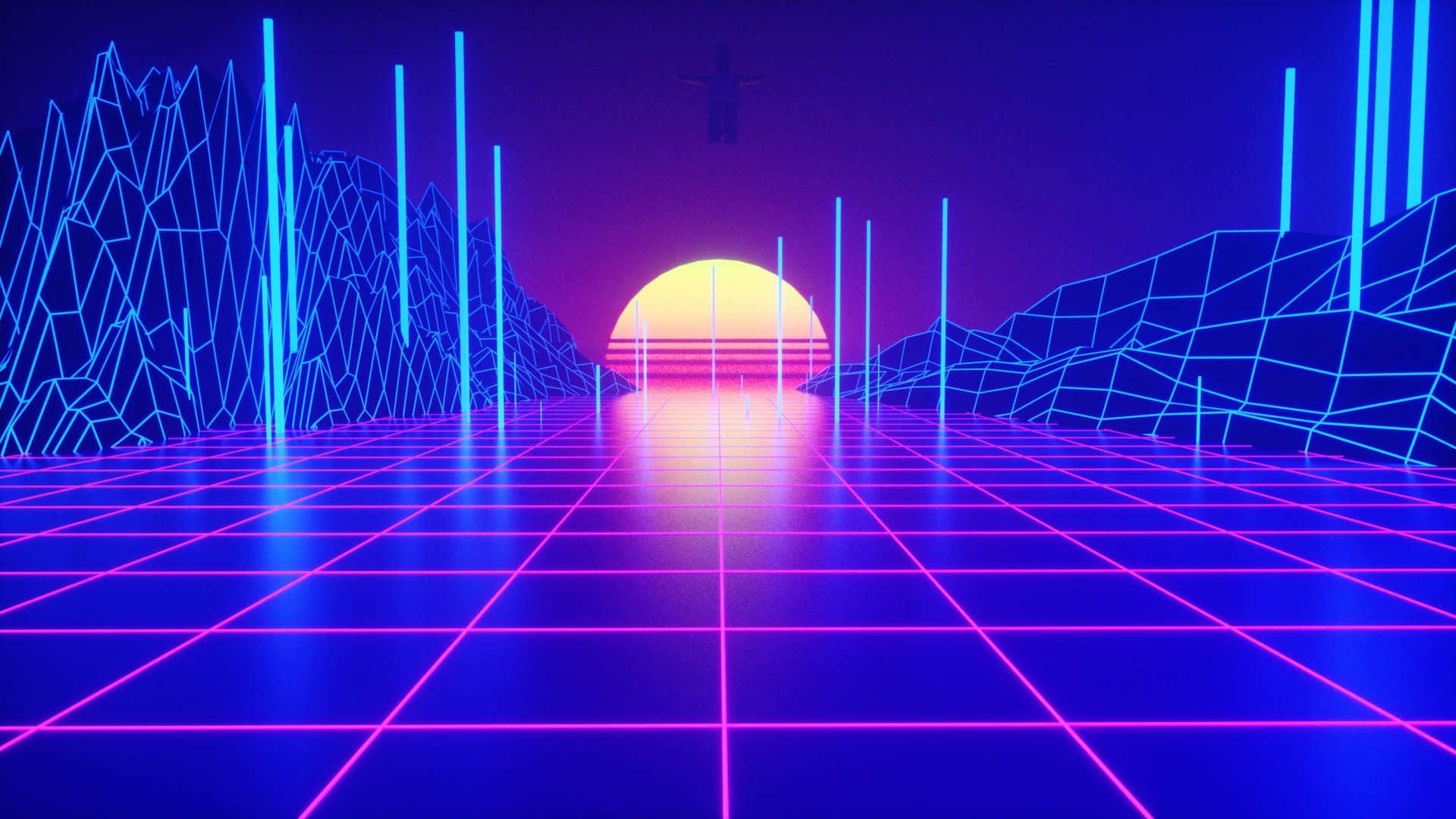 grid 桌布 壁紙 — 一條霓虹格線道路在深紫色天空下，穿過線框山脈，延伸向發光的日落。