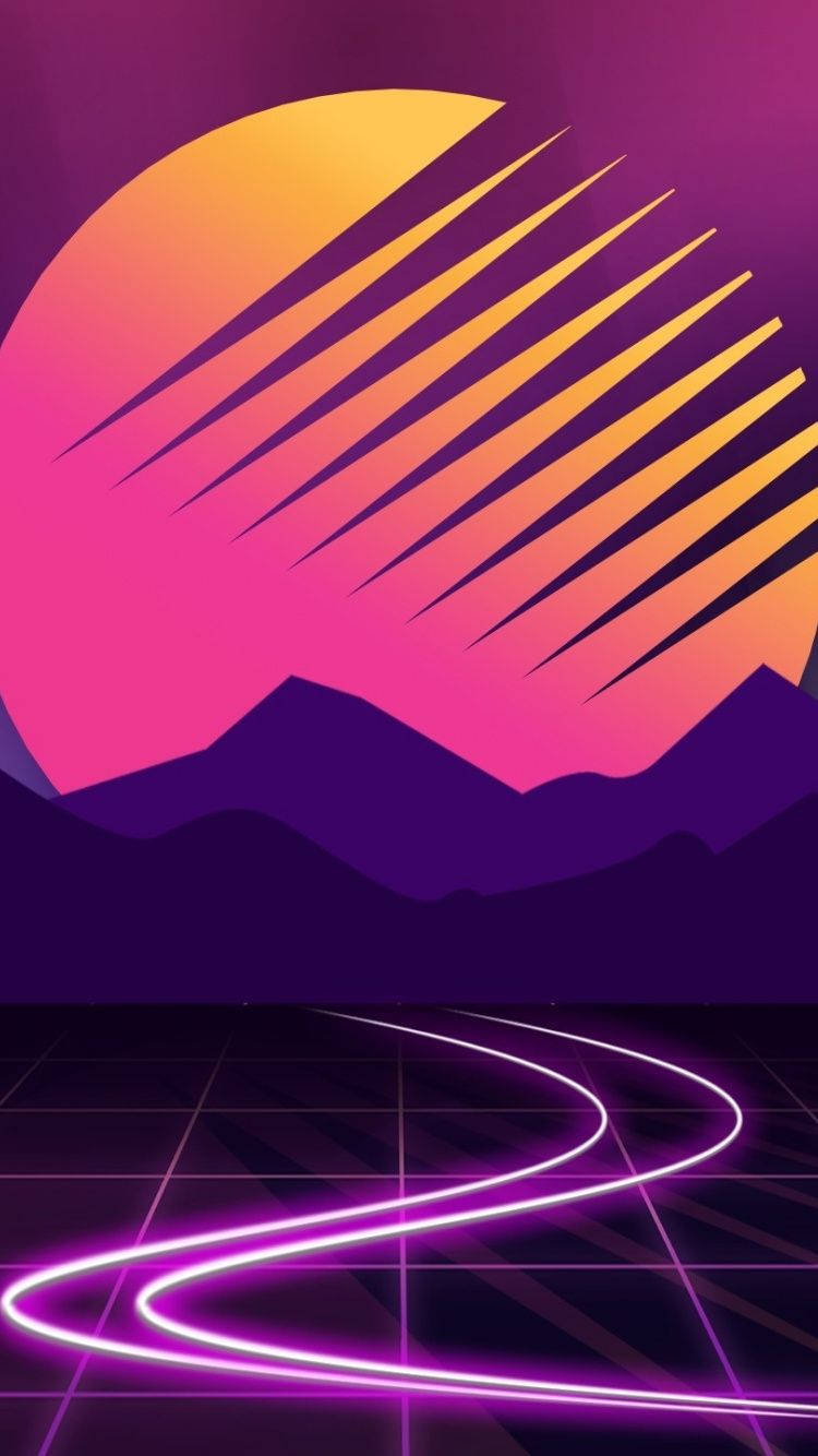 Outrun 桌布 壁紙 — 一條霓虹燈照亮的網格道路彎向紫色山脈上風格化的日落，呈現復古未來主義景觀。