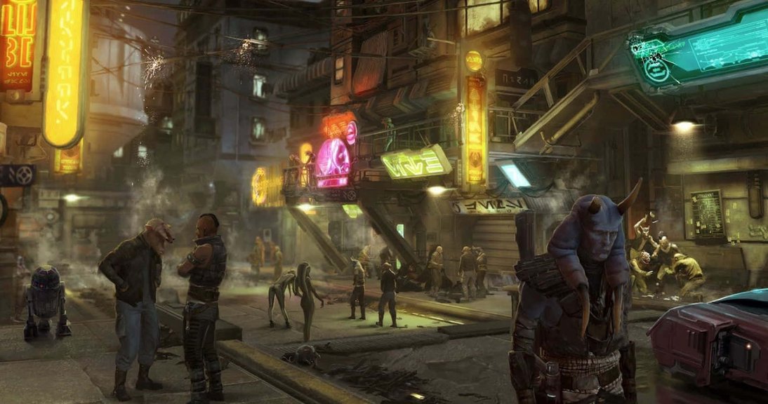 The Coruscant Underworld 桌布 壁紙 — 一條霓虹燈照亮的賽博朋克小巷，充滿了各種外星人和人類角色，籠罩在煙霧和發光標誌下。