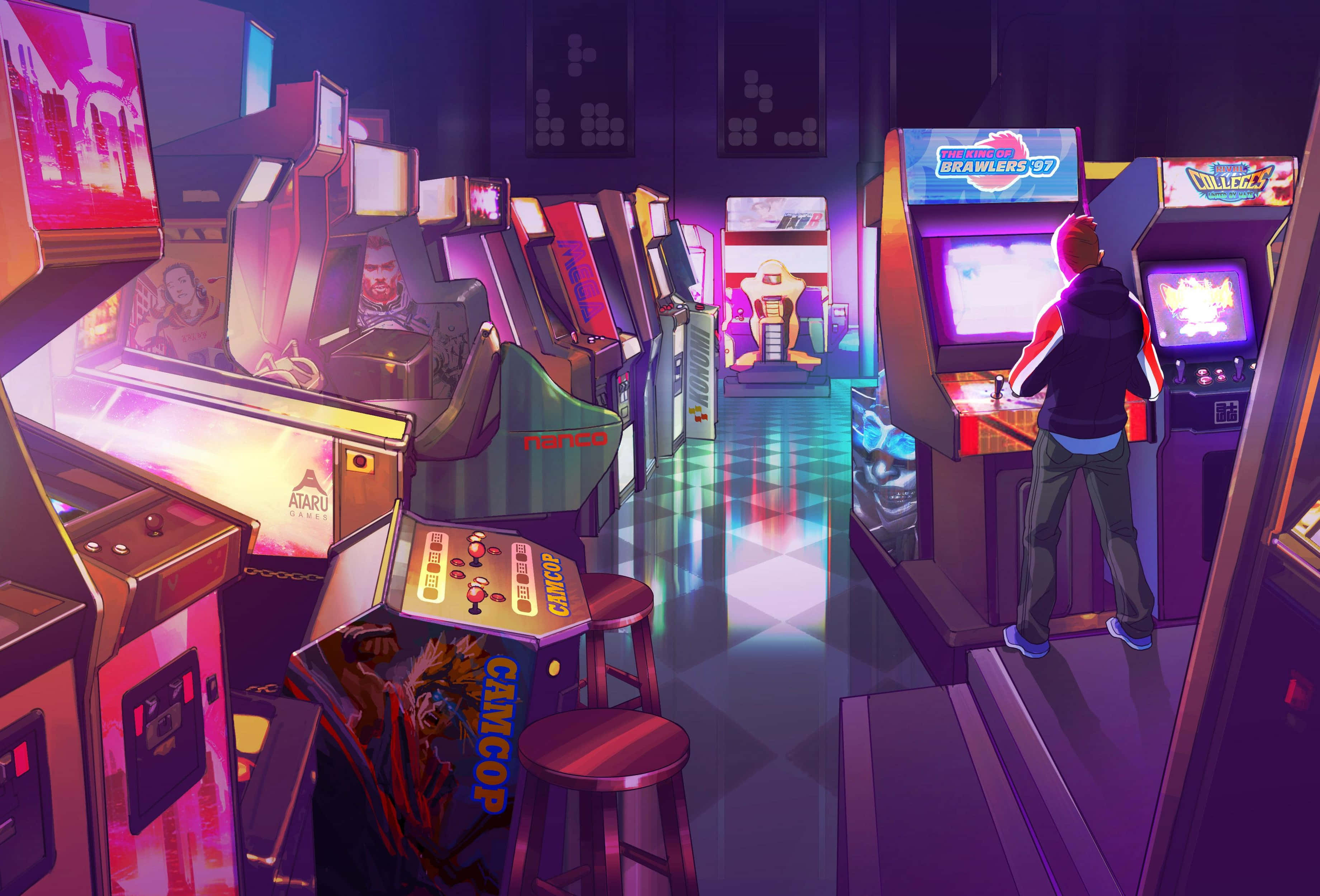 Retro Aesthetic 桌布 壁紙 — 一條霓虹燈照亮的遊戲機走廊，發光的機台和一位沉浸在遊戲中的玩家，在充滿活力的紫色和粉紅色燈光下。