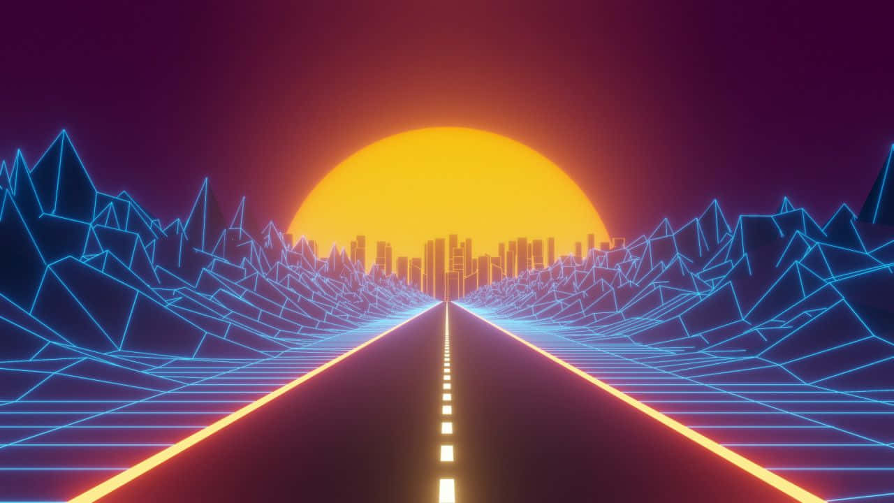 合成波 桌布 壁紙 — 一條霓虹燈照亮的高速公路伸向發光的太陽，遠處有幾何山脈和城市天際線。