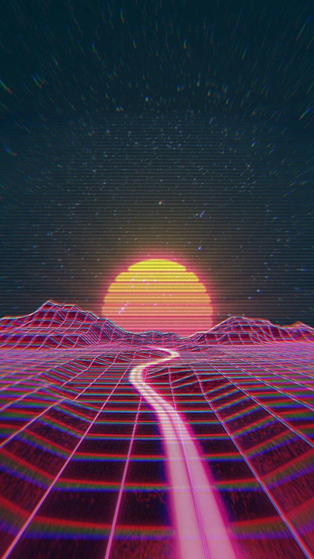 Aesthetic iPhone Xr 桌布 壁紙 — 一條霓虹網格道路蜿蜒穿過像素化山脈，在發光的日落之下，呈現復古未來主義的數位景觀。